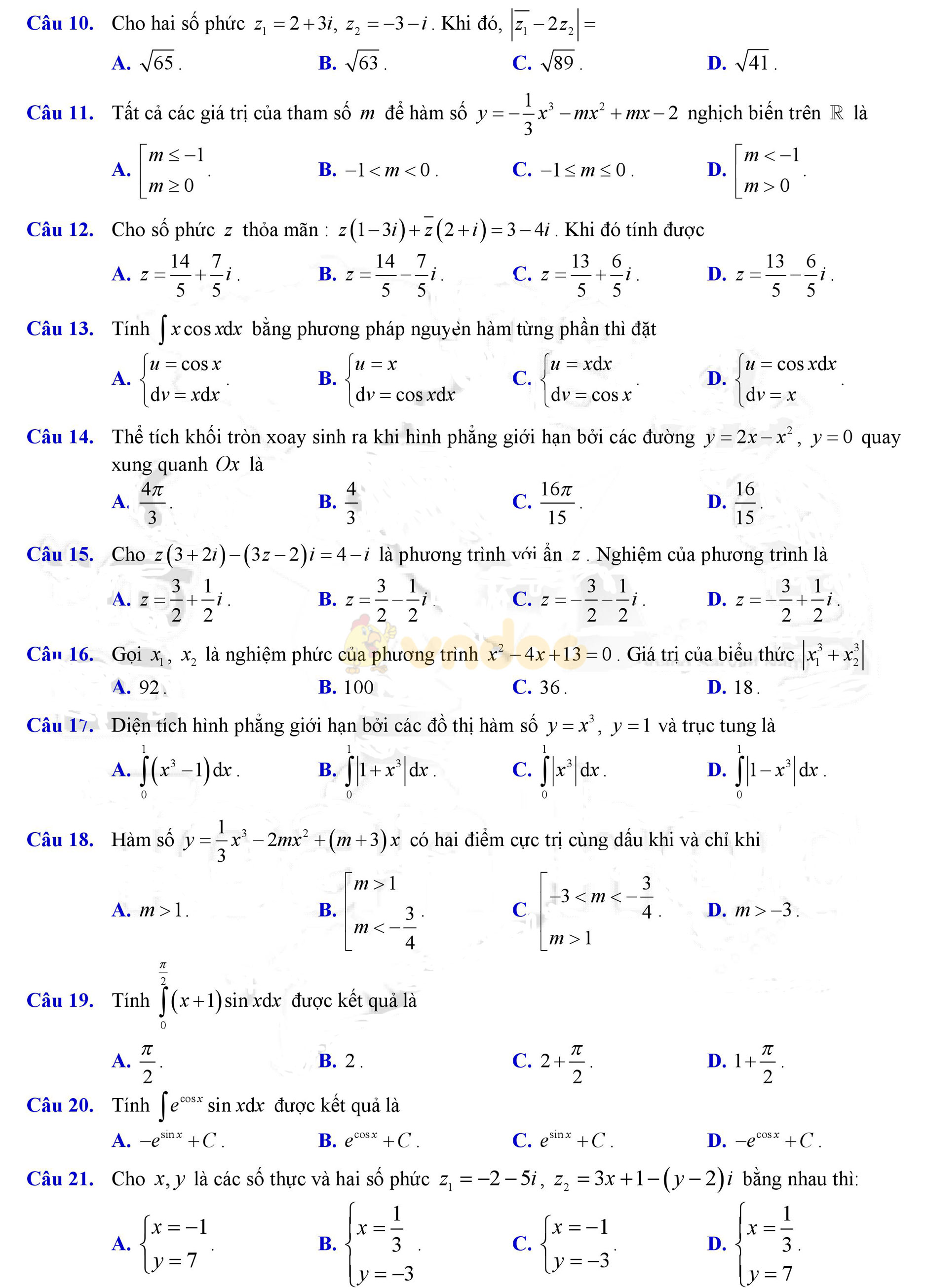 Đề thi học kì 2 môn Toán lớp 12