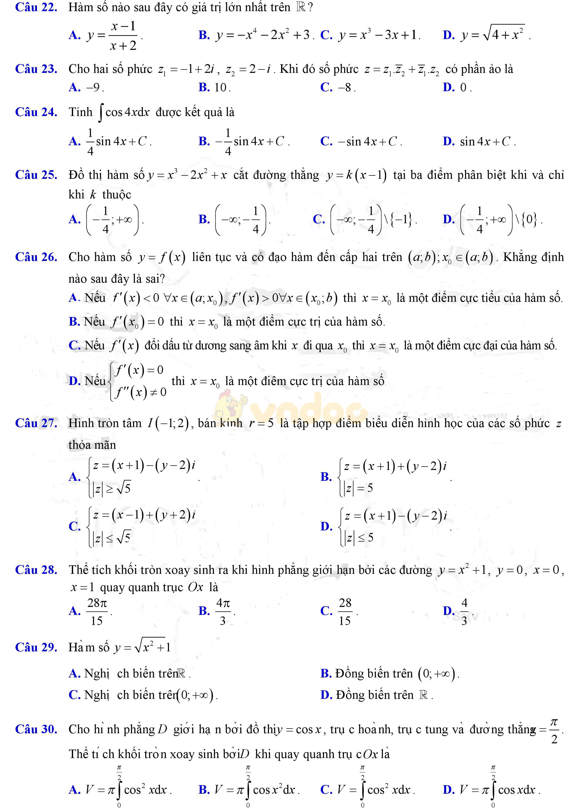 Đề thi học kì 2 môn Toán lớp 12