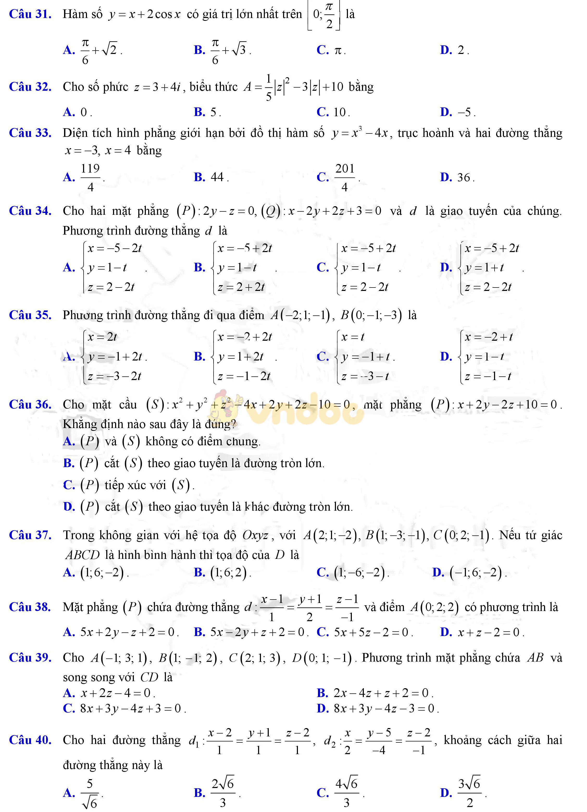 Đề thi học kì 2 môn Toán lớp 12