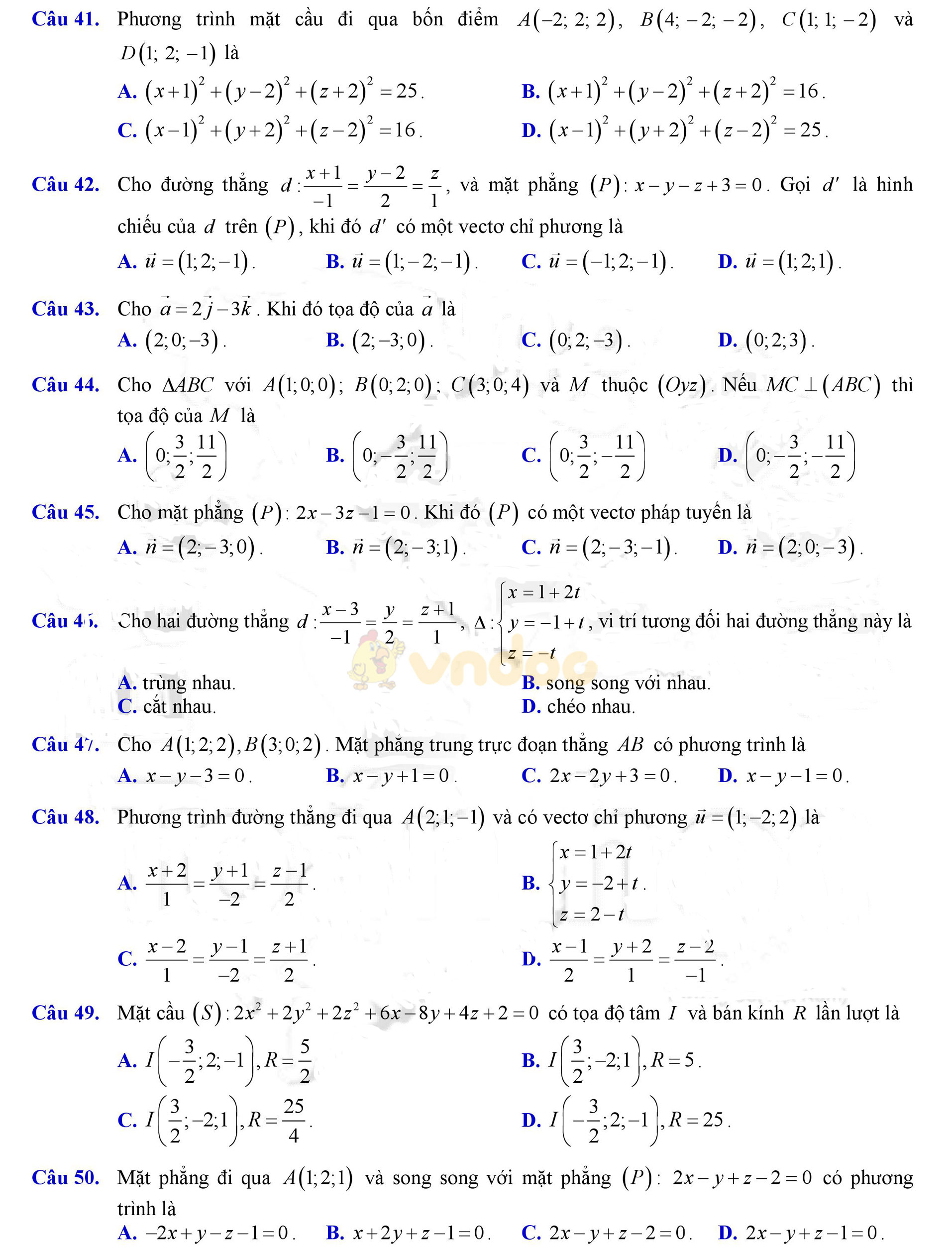 Đề thi học kì 2 môn Toán lớp 12