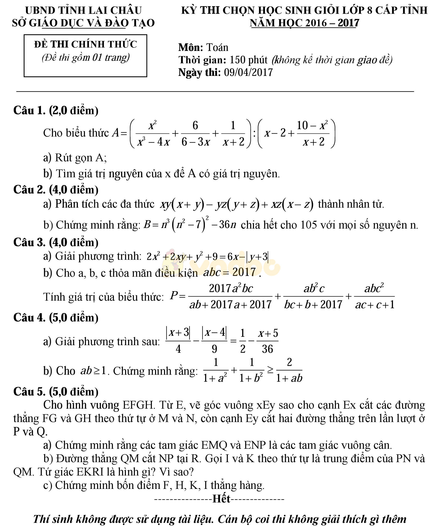 Đề thi học sinh giỏi môn Toán lớp 8