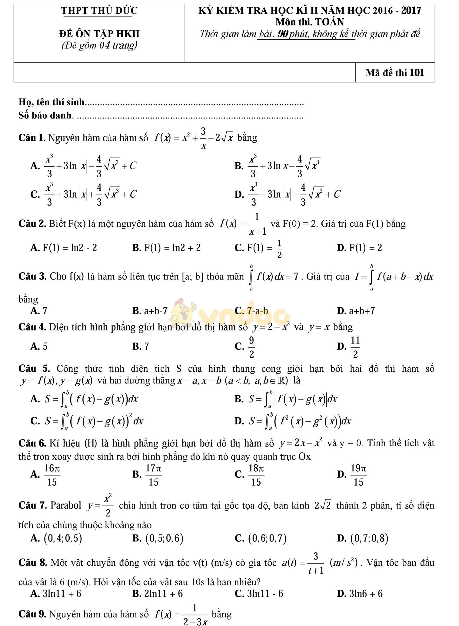 Bộ đề thi học kì 2 môn Toán lớp 12