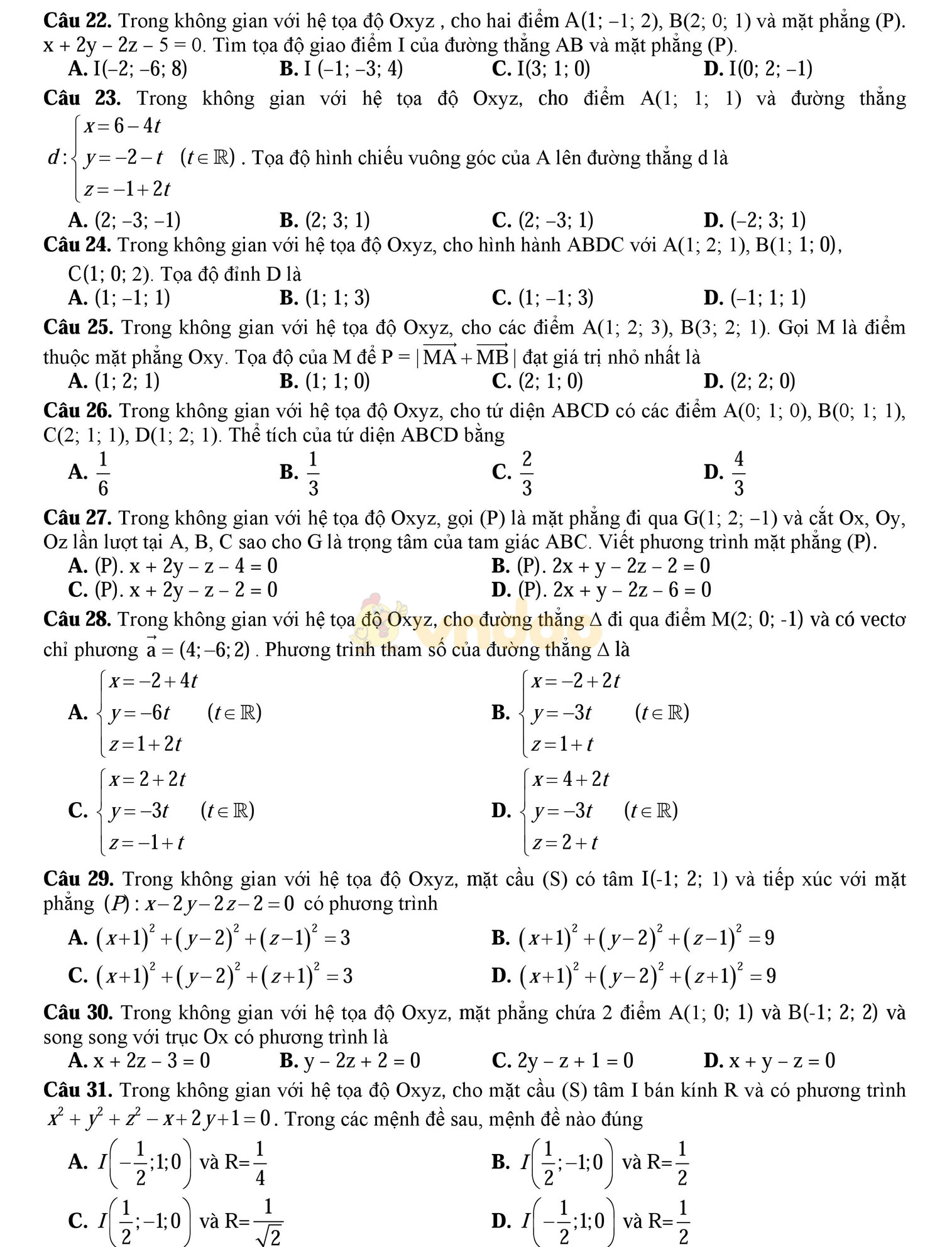 Bộ đề thi học kì 2 môn Toán lớp 12