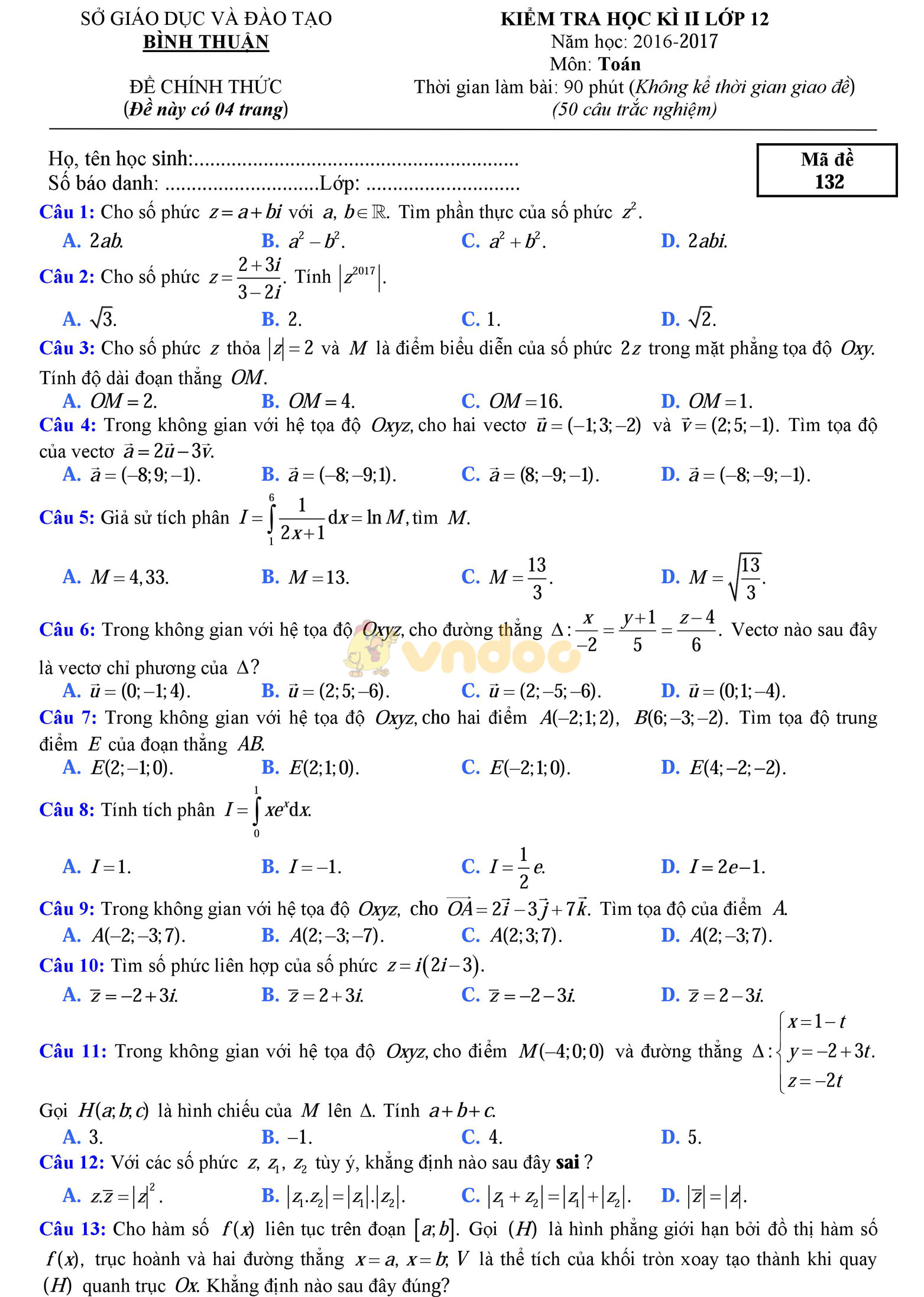 Bộ đề thi học kì 2 môn Toán lớp 12