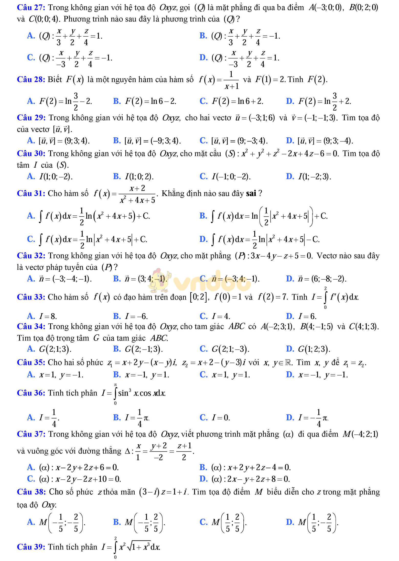Bộ đề thi học kì 2 môn Toán lớp 12