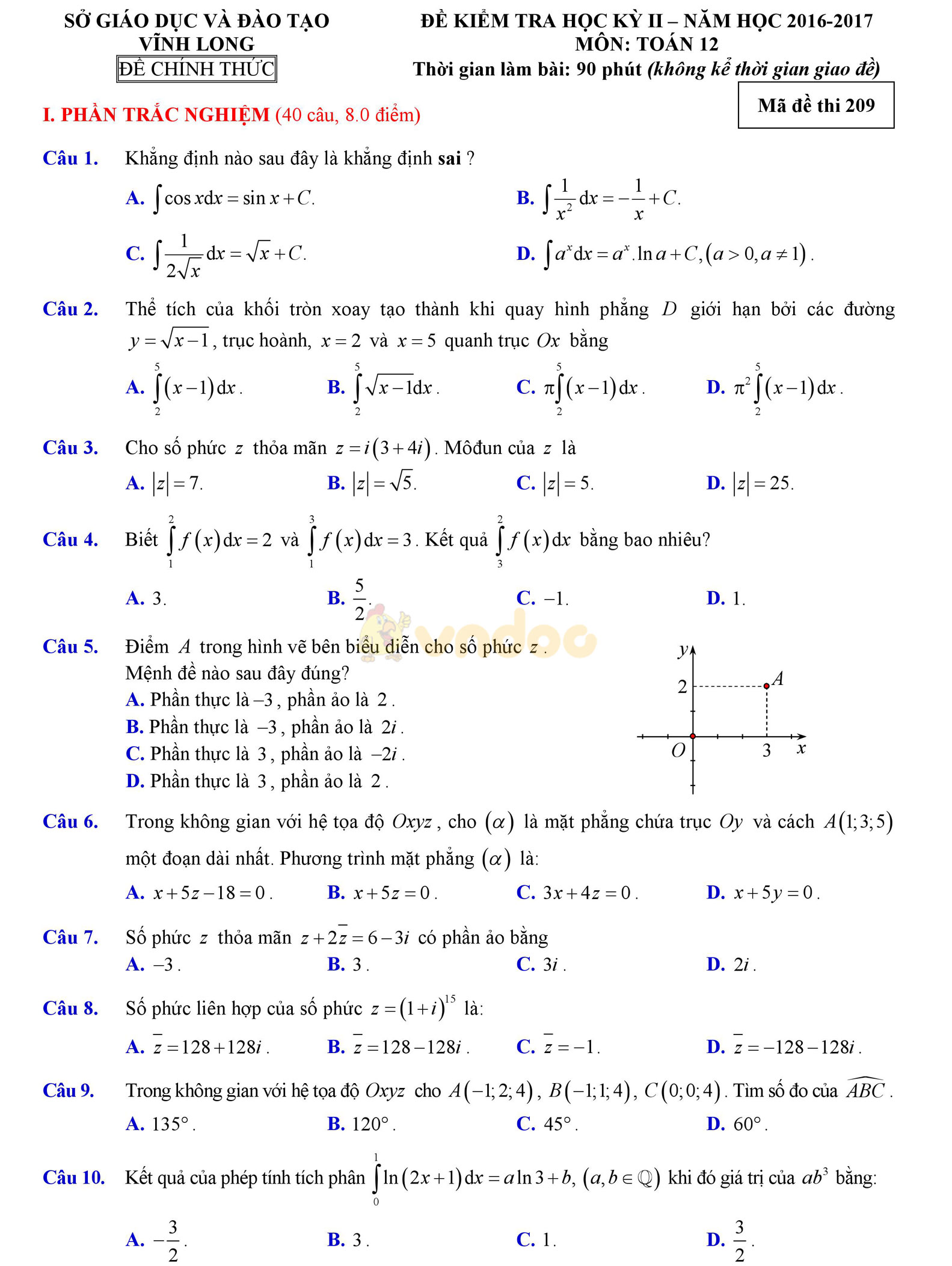 Đề thi học kì 2 môn Toán lớp 12 Đề thi học kì 2 môn Toán lớp 12