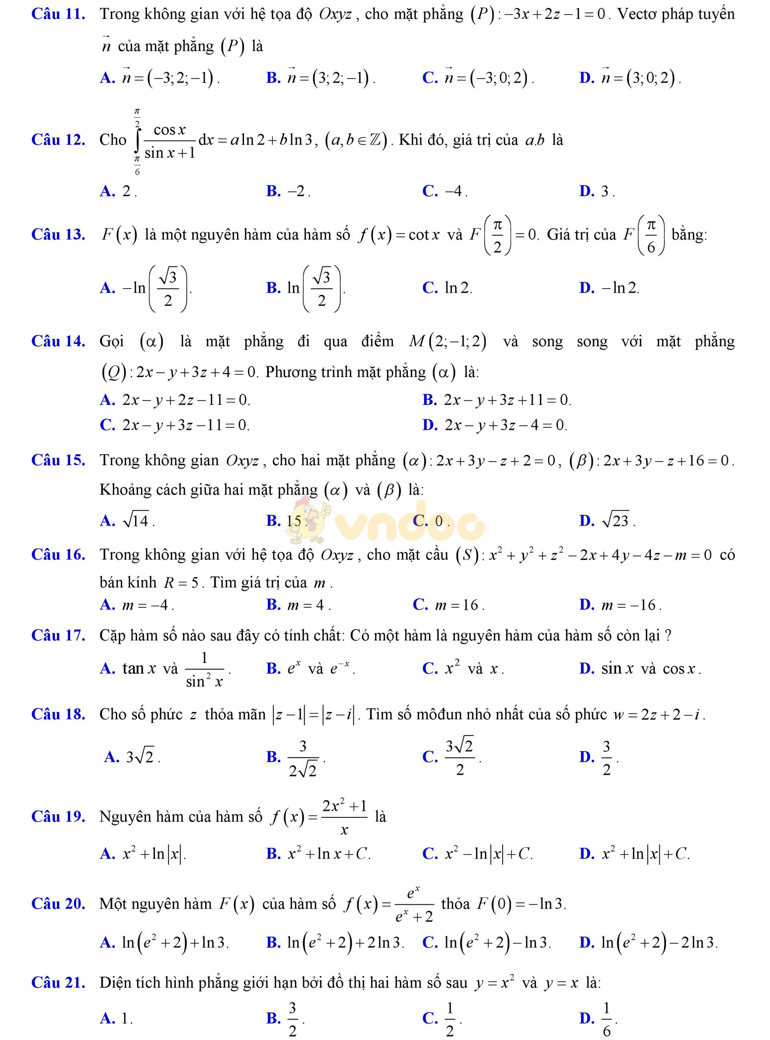 Đề thi học kì 2 môn Toán lớp 12 Đề thi học kì 2 môn Toán lớp 12
