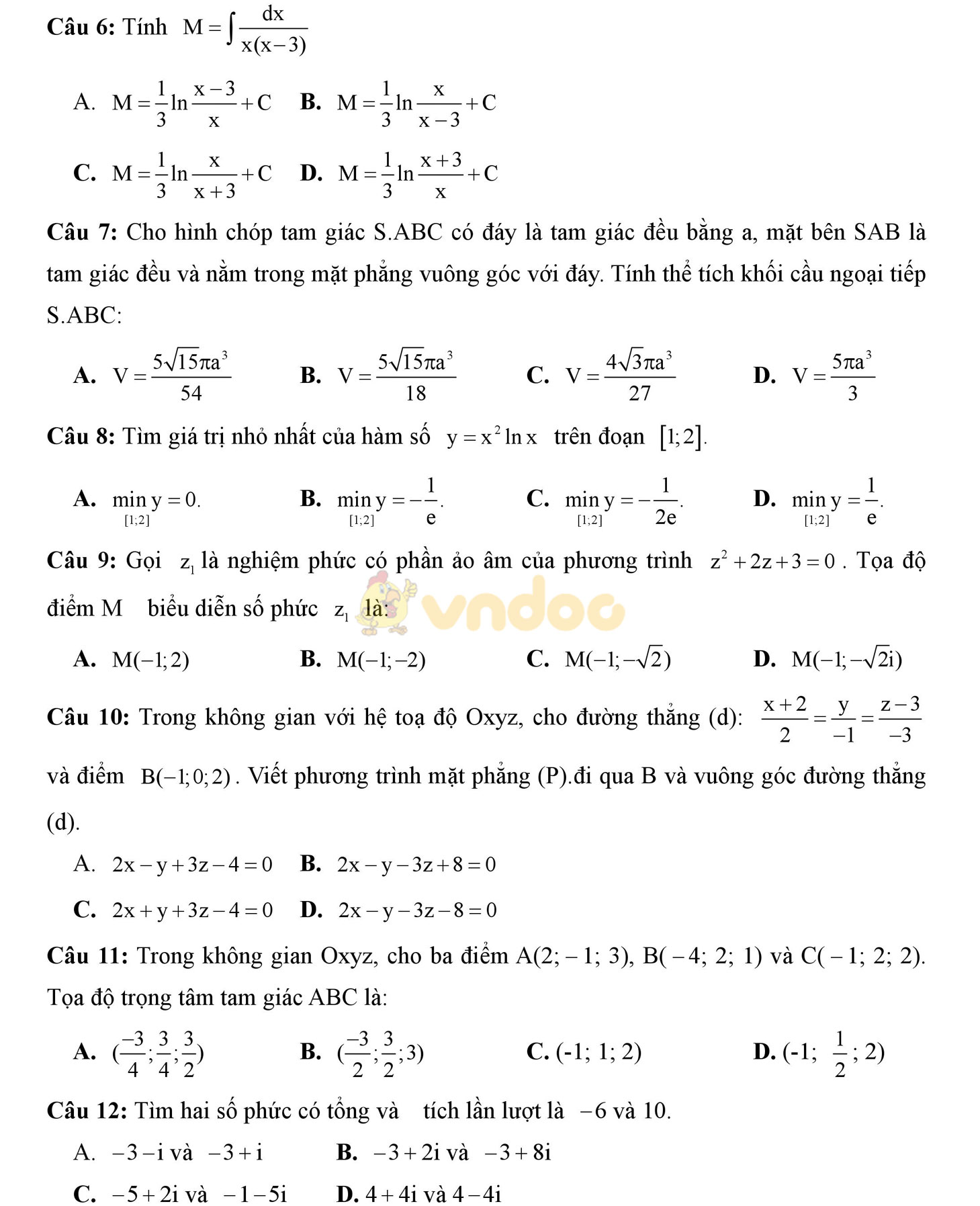 Đề thi học kì 2 môn Toán lớp 12