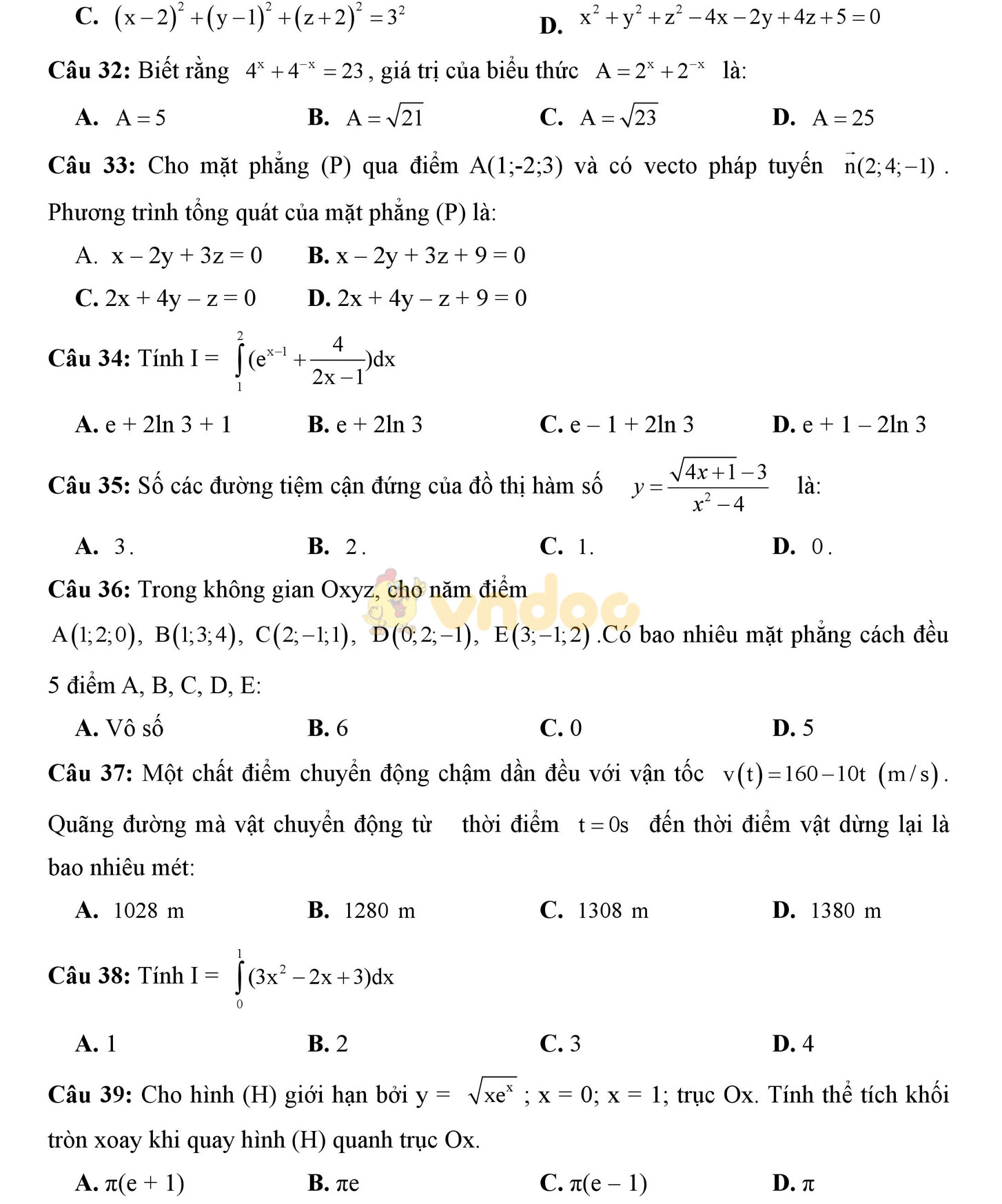 Đề thi học kì 2 môn Toán lớp 12