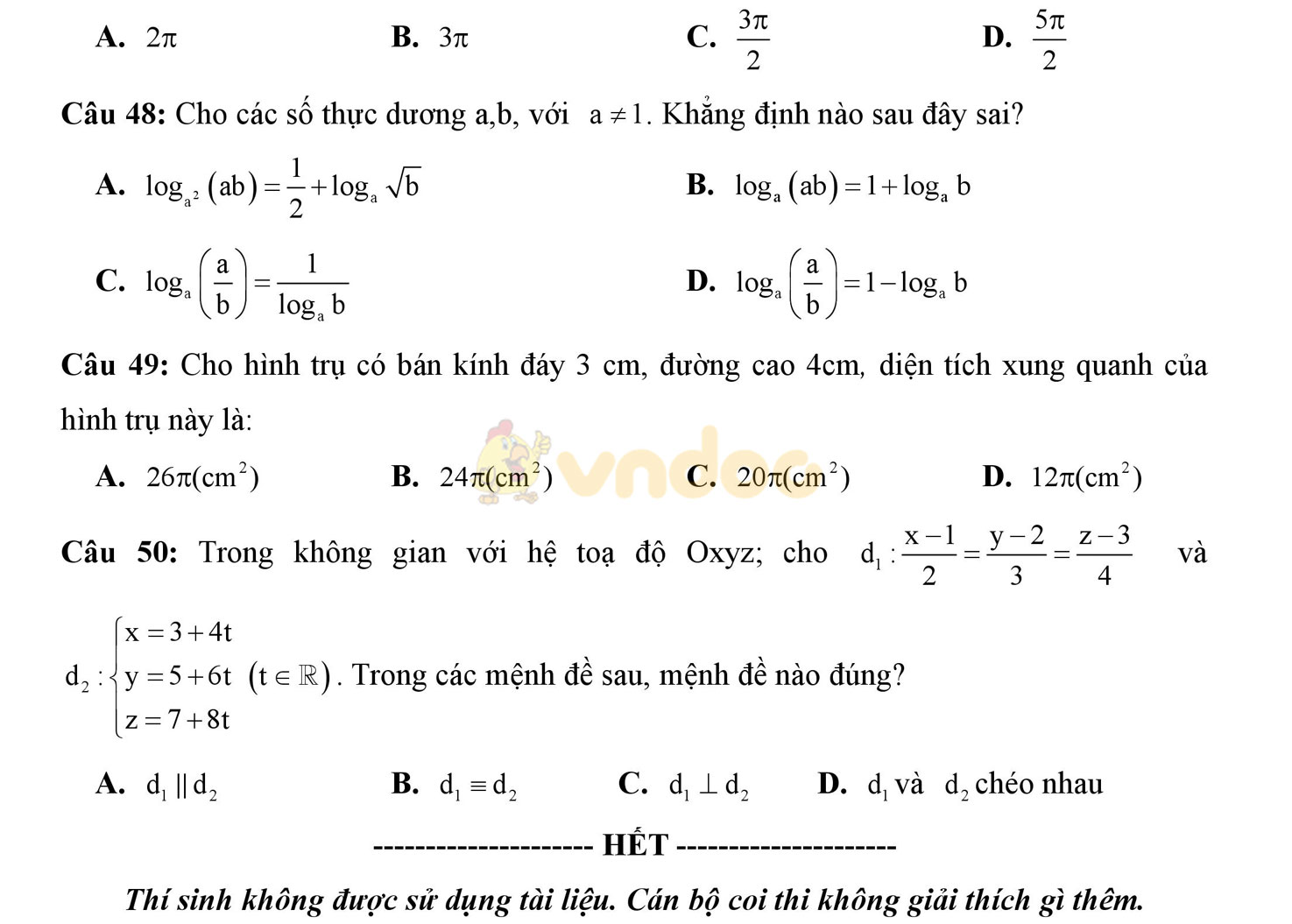 Đề thi học kì 2 môn Toán lớp 12