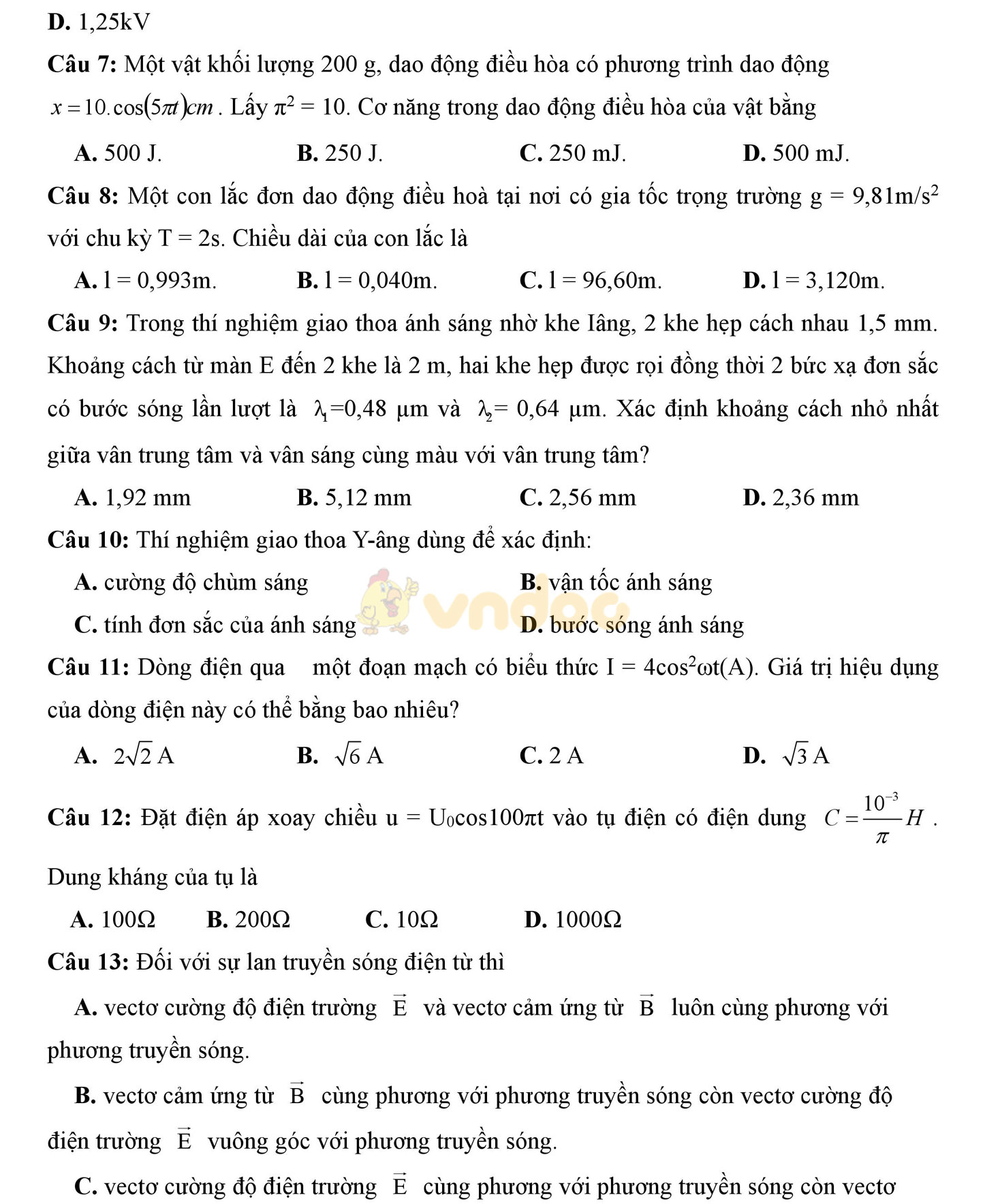Đề thi học kì 2 môn Vật lý lớp 12