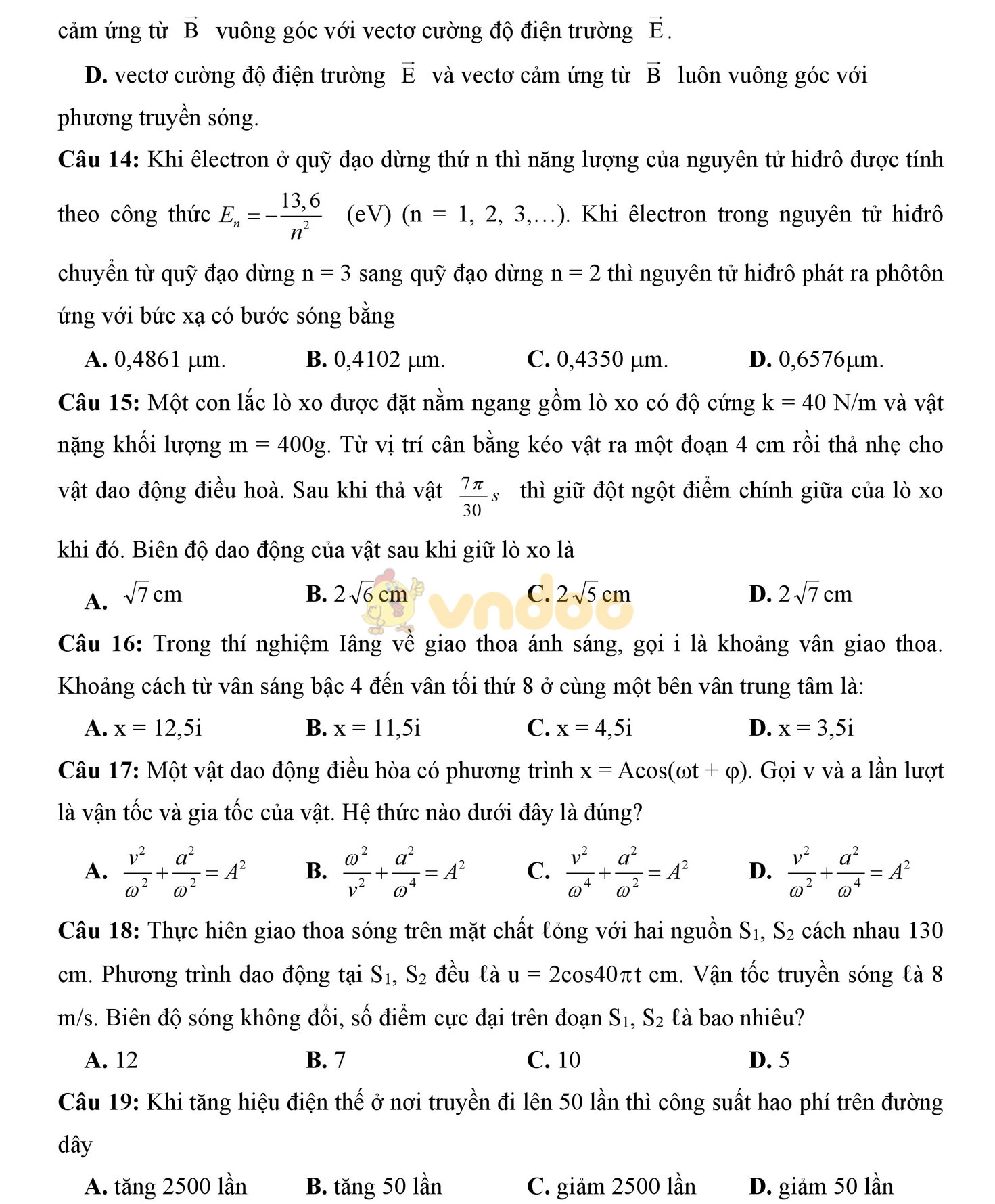 Đề thi học kì 2 môn Vật lý lớp 12