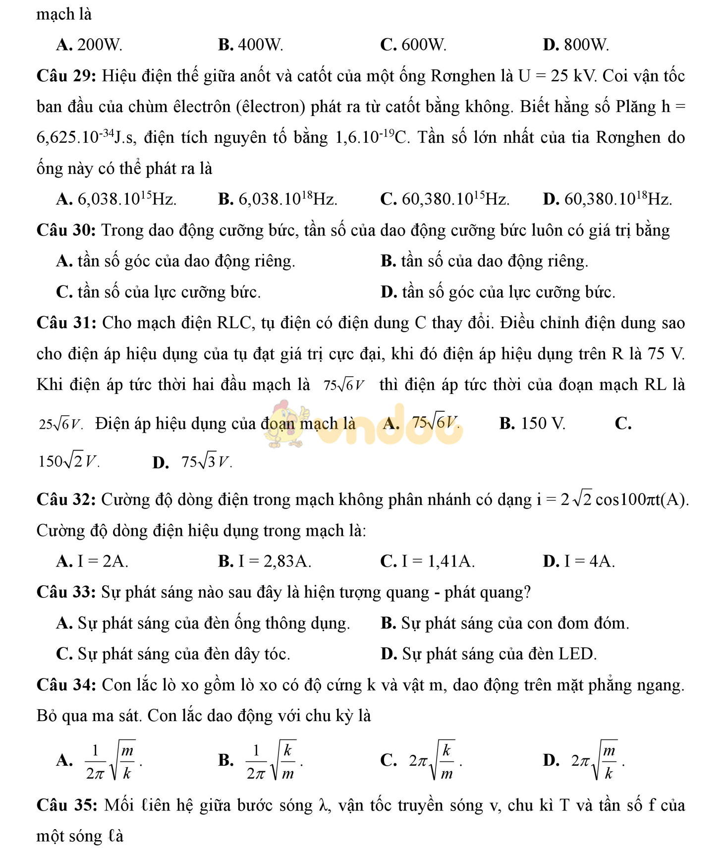 Đề thi học kì 2 môn Vật lý lớp 12