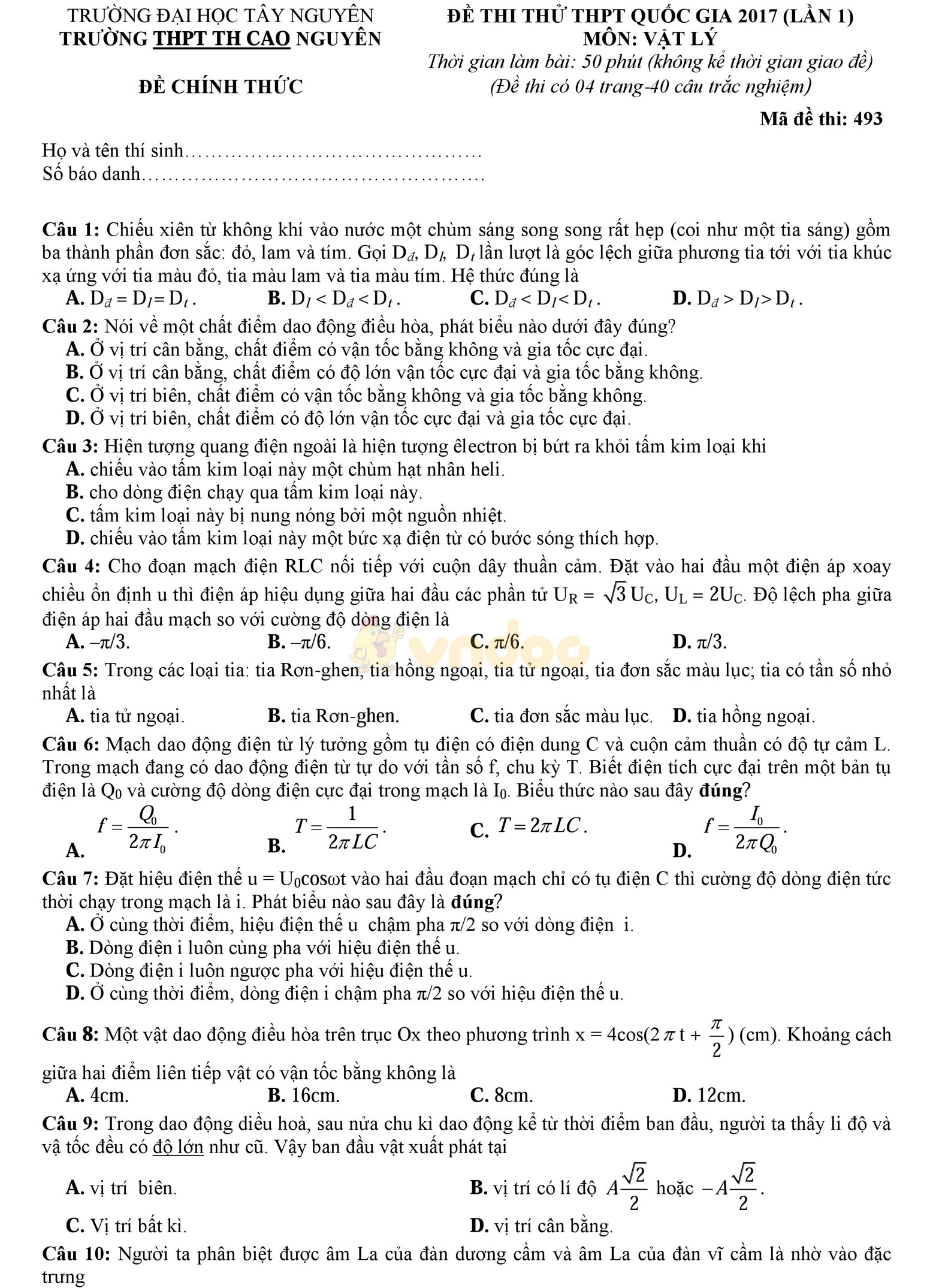 Đề thi thử THPT Quốc gia năm 2017 môn Vật lý