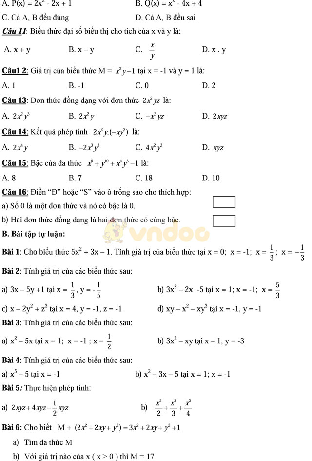 Bài tập ôn tập chương 4 môn Toán lớp 7 Bài tập ôn tập chương 4 môn Toán lớp 7