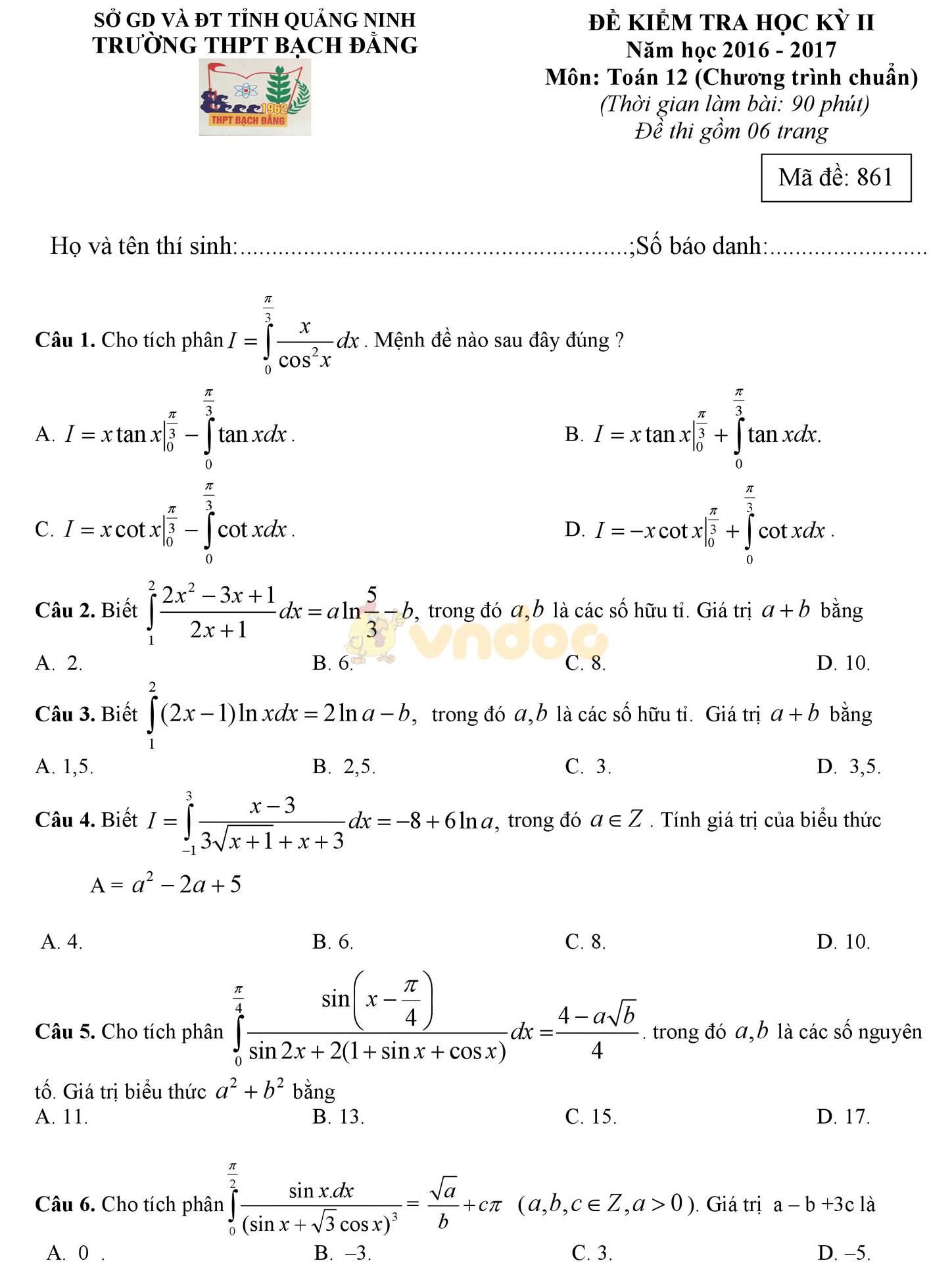 Đề thi học kì 2 môn Toán lớp 12