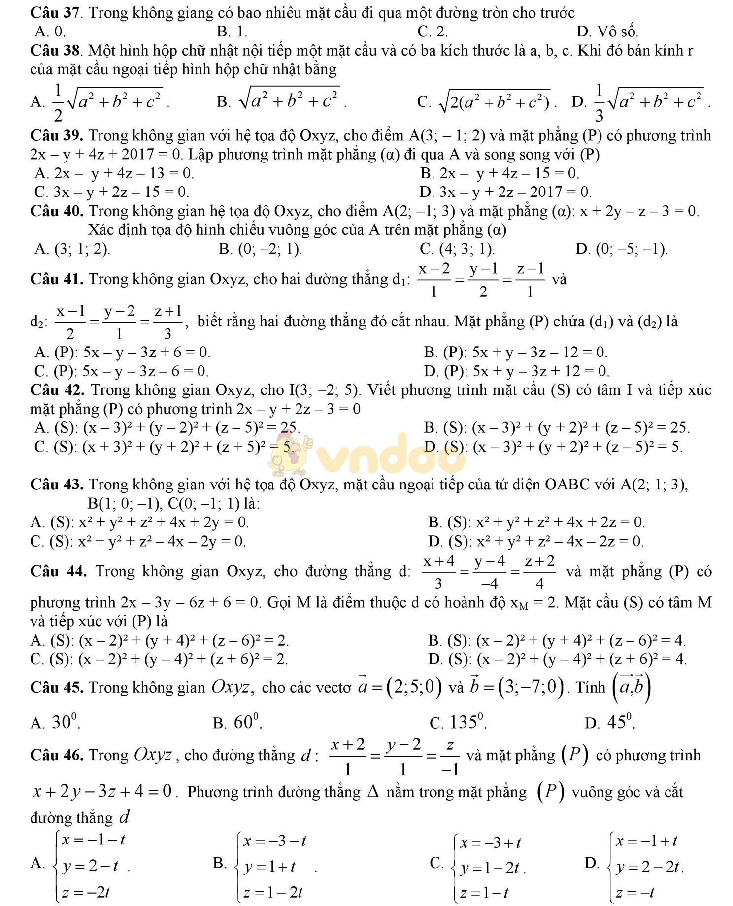 Đề thi học kì 2 môn Toán lớp 12