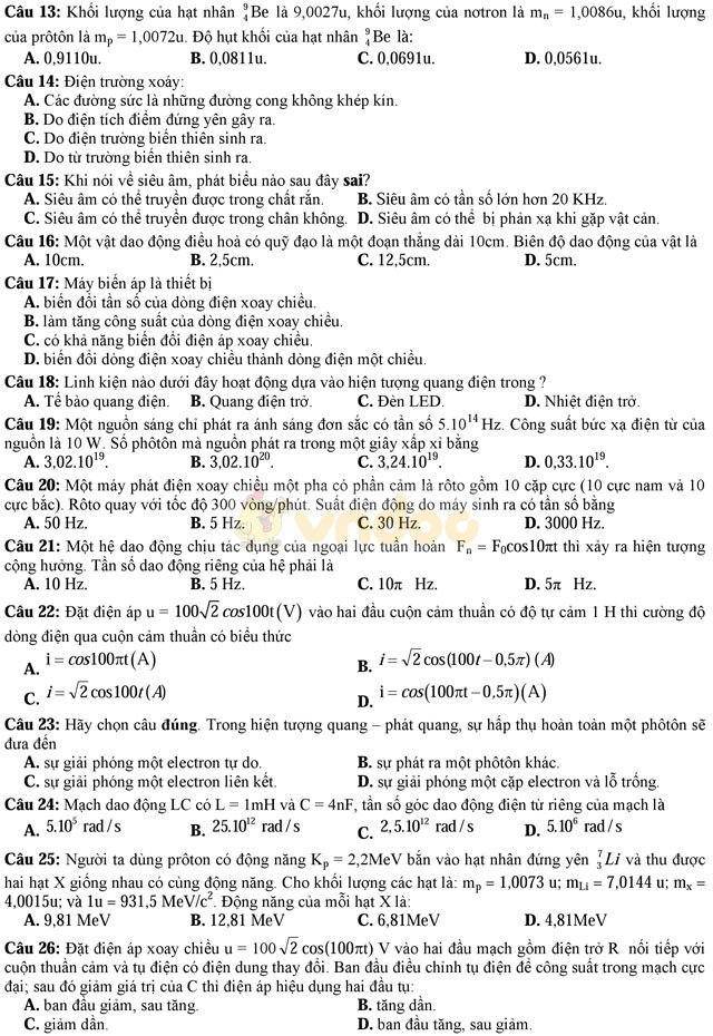 Đề thi thử THPT Quốc gia năm 2017 môn Vật lý có đáp án
