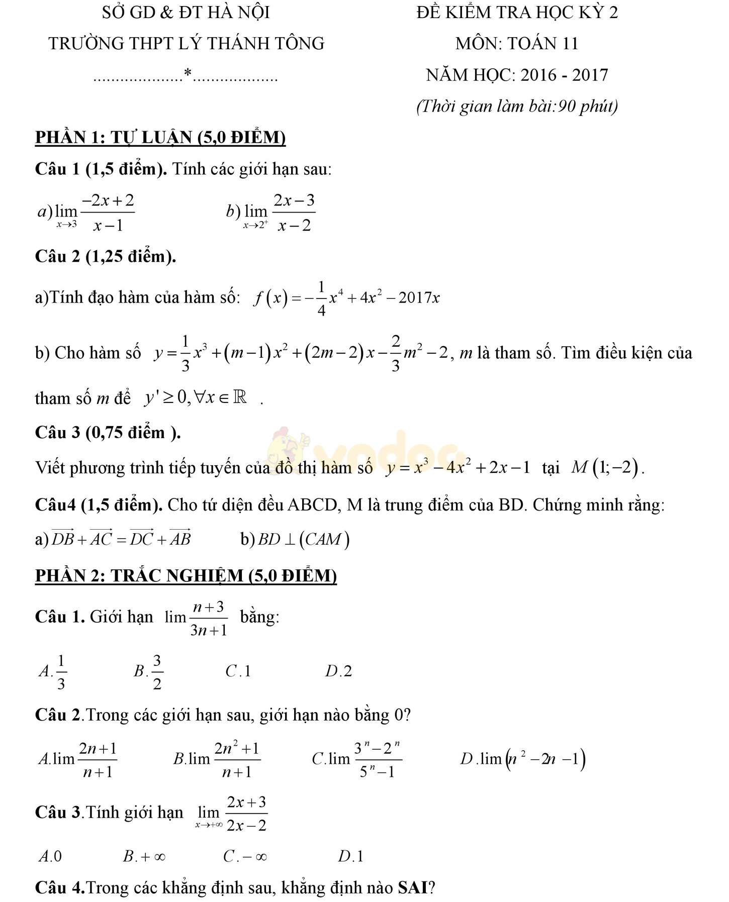 Đề thi học kì 2 môn Toán lớp 11