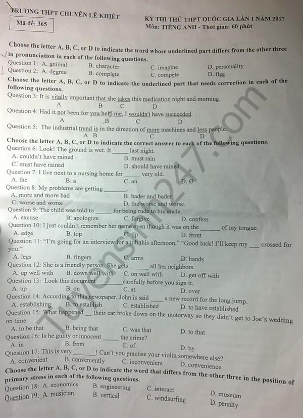 Đề thi thử THPT Quốc gia năm 2017 môn Tiếng Anh THPT Chuyên Lê Khiết, Quảng Ngãi