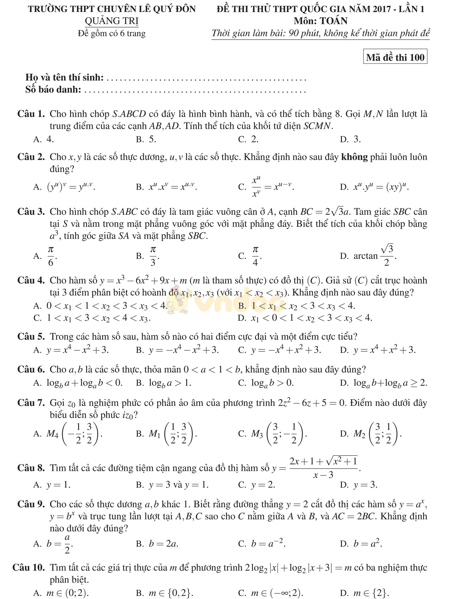 Đề thi thử THPT Quốc gia năm 2017 môn Toán