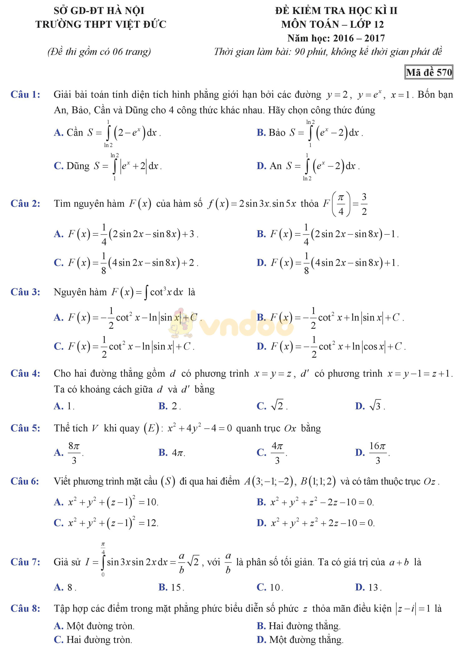 Đề thi học kì 2 môn Toán lớp 12 Đề thi học kì 2 môn Toán lớp 12