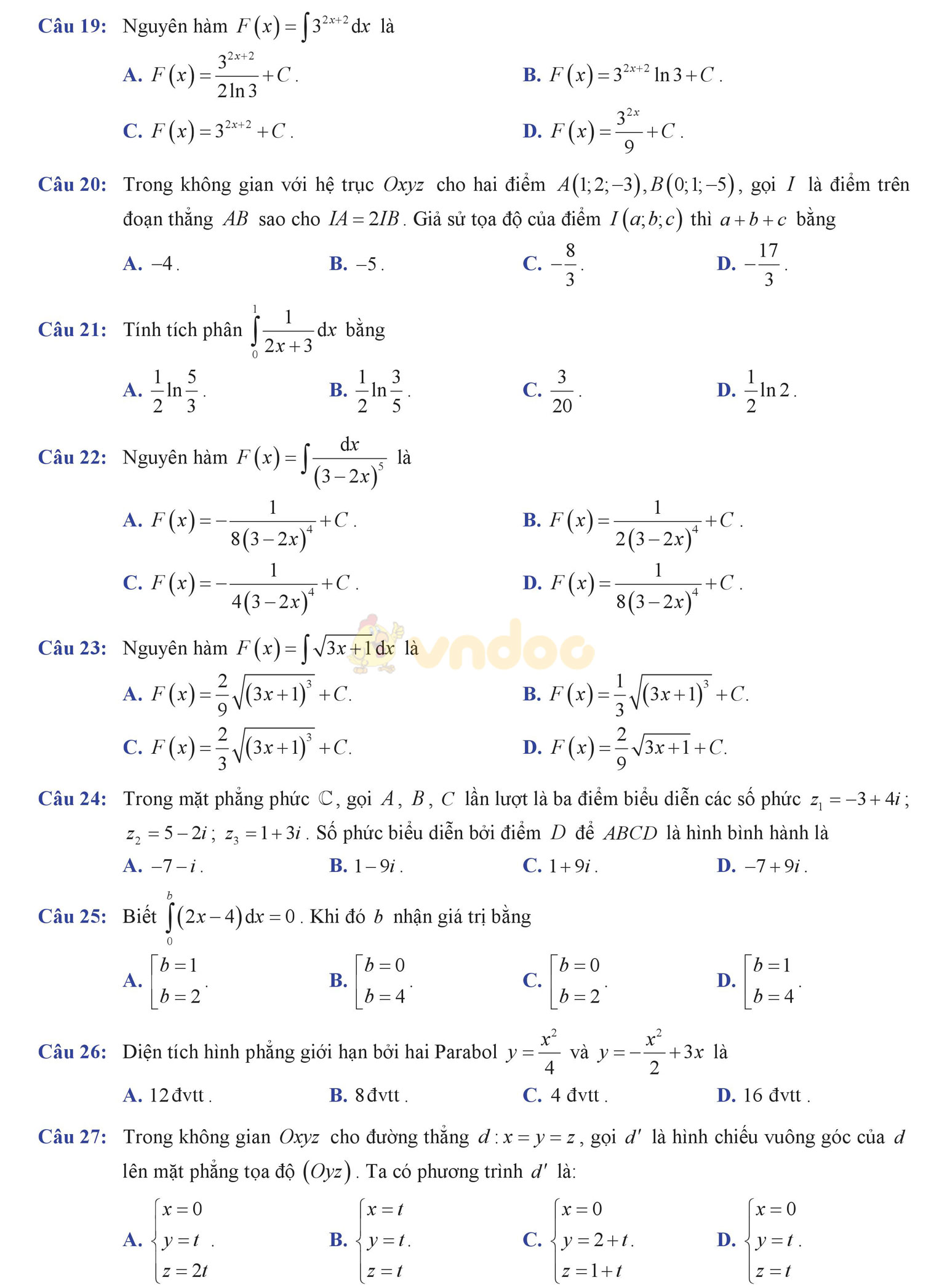 Đề thi học kì 2 môn Toán lớp 12 Đề thi học kì 2 môn Toán lớp 12