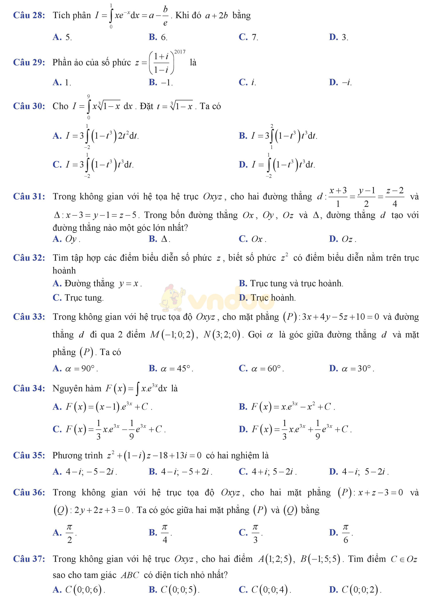 Đề thi học kì 2 môn Toán lớp 12 Đề thi học kì 2 môn Toán lớp 12