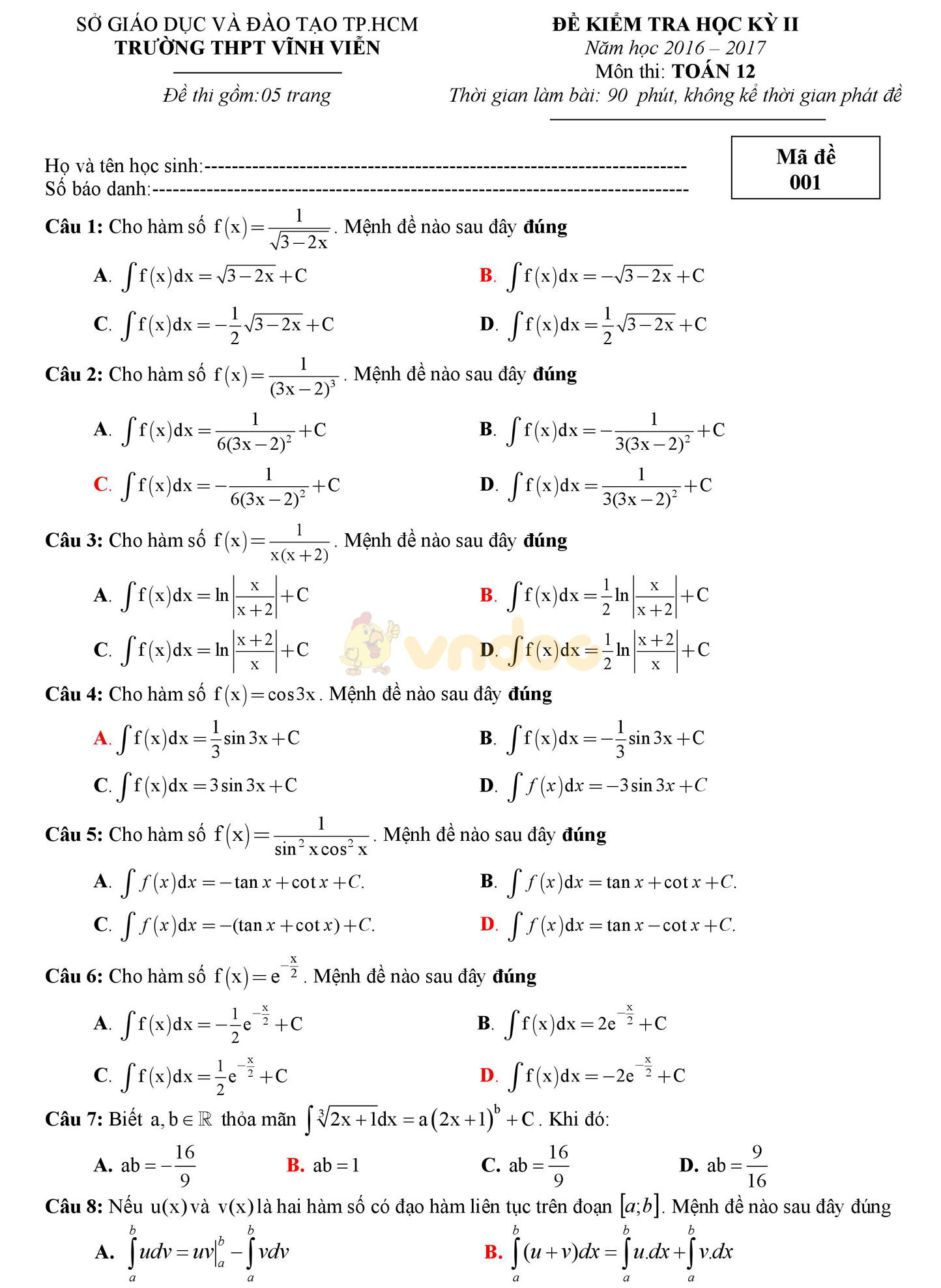 Đề thi học kì 2 môn Toán lớp 12 Đề thi học kì 2 môn Toán lớp 12