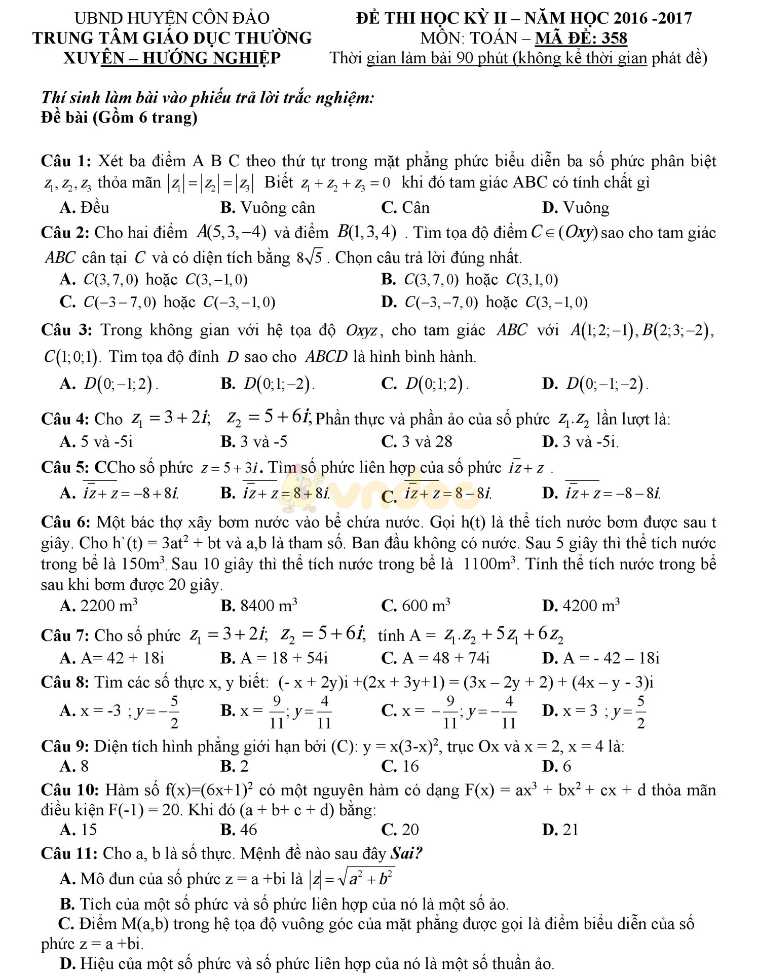 Đề thi học kì 2 môn Toán lớp 12