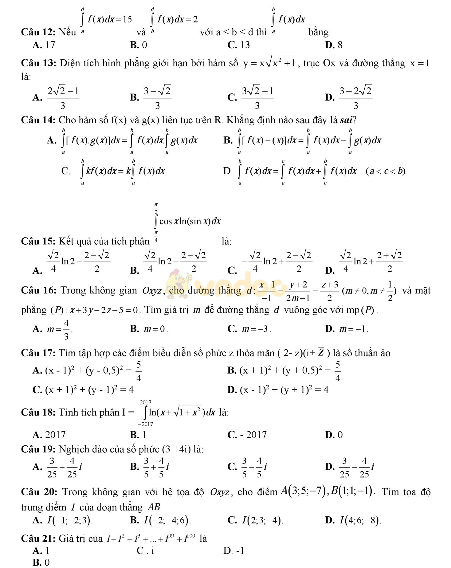 Đề thi học kì 2 môn Toán lớp 12