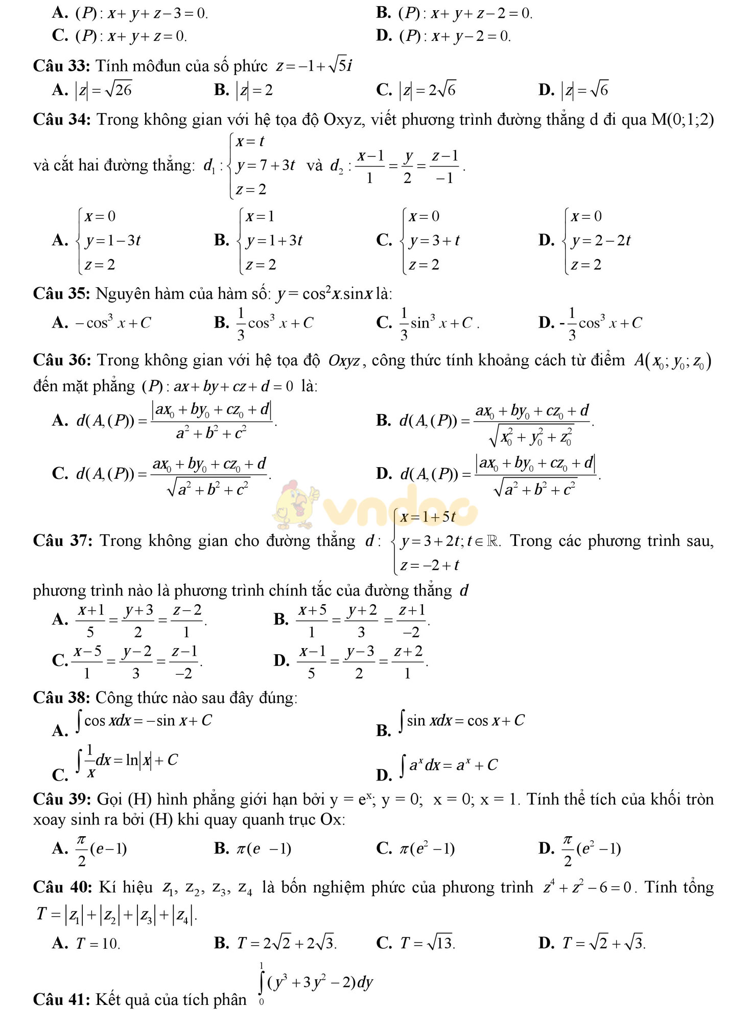 Đề thi học kì 2 môn Toán lớp 12