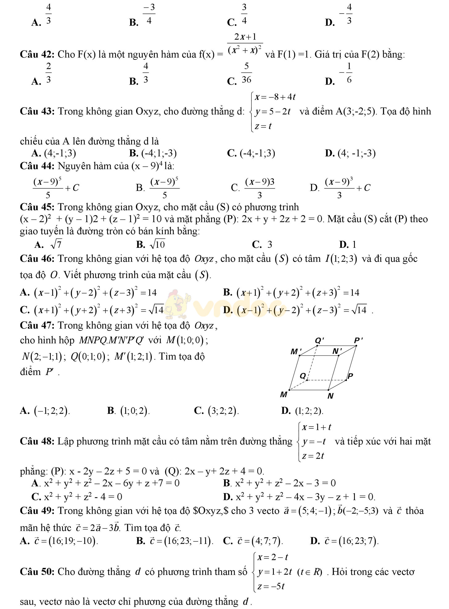 Đề thi học kì 2 môn Toán lớp 12