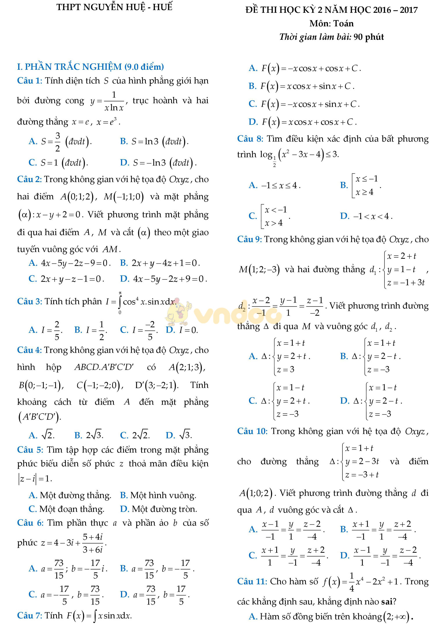 Đề thi học kì 2 môn Toán lớp 12