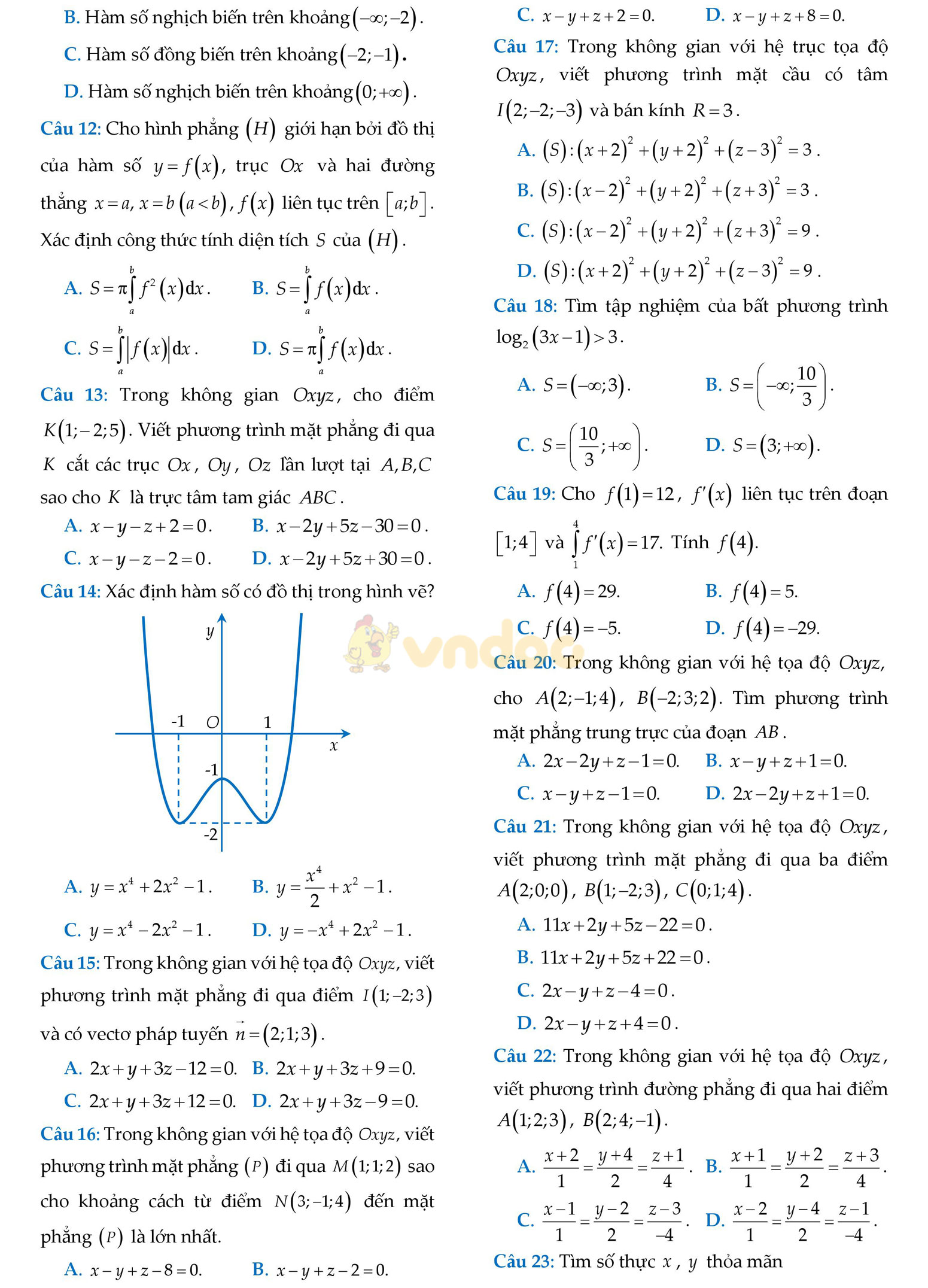 Đề thi học kì 2 môn Toán lớp 12
