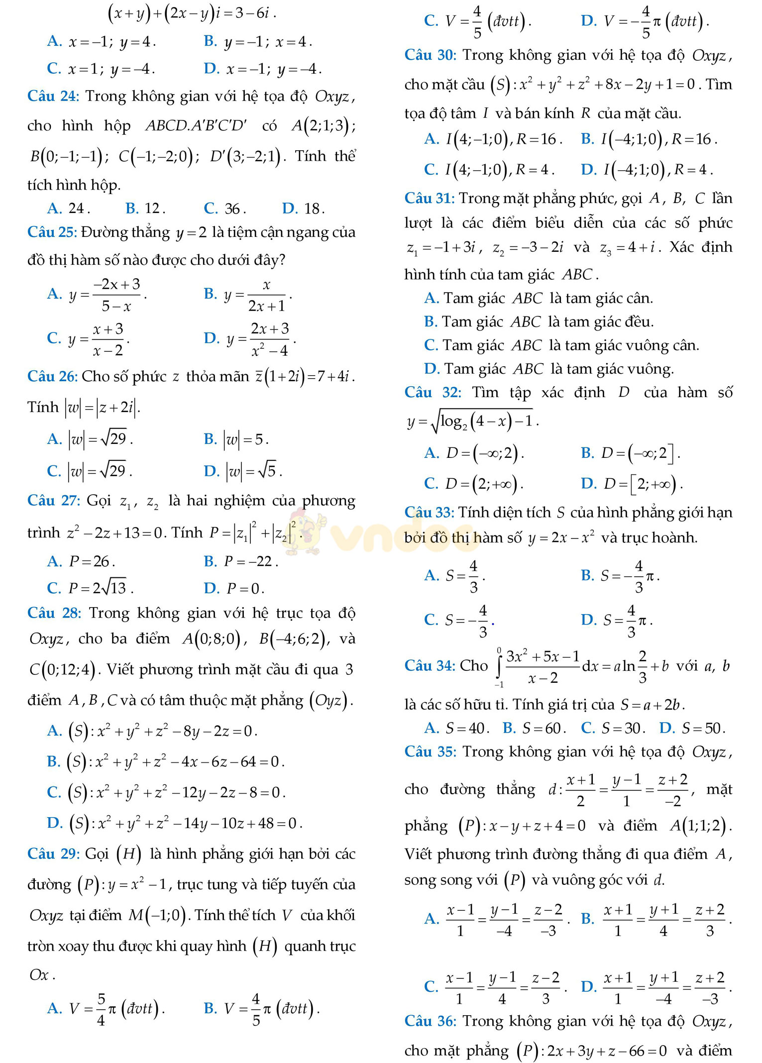 Đề thi học kì 2 môn Toán lớp 12