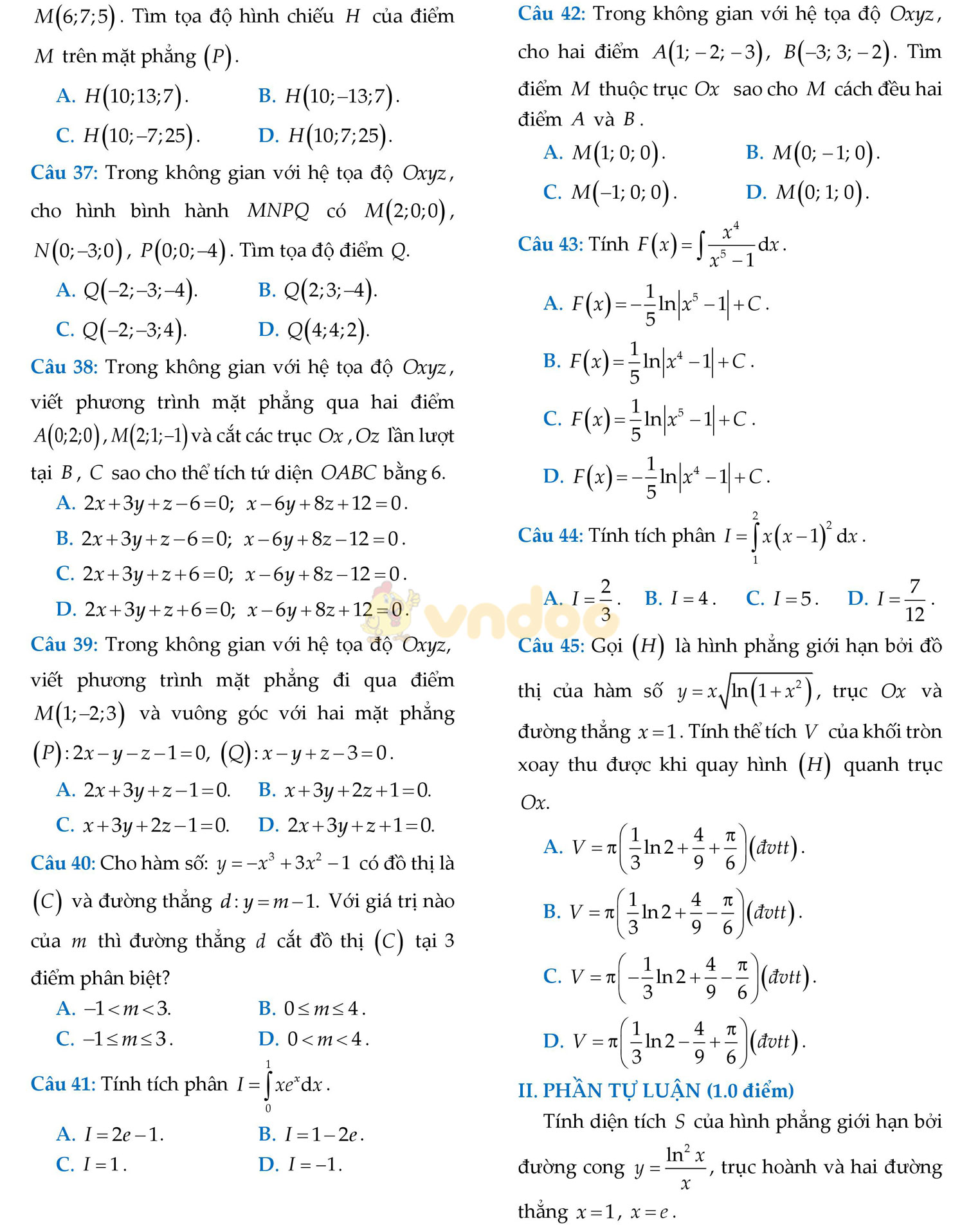 Đề thi học kì 2 môn Toán lớp 12