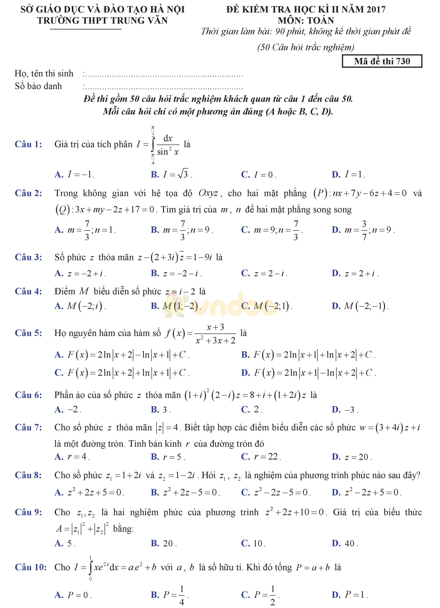 Đề thi học kì 2 môn Toán lớp 12