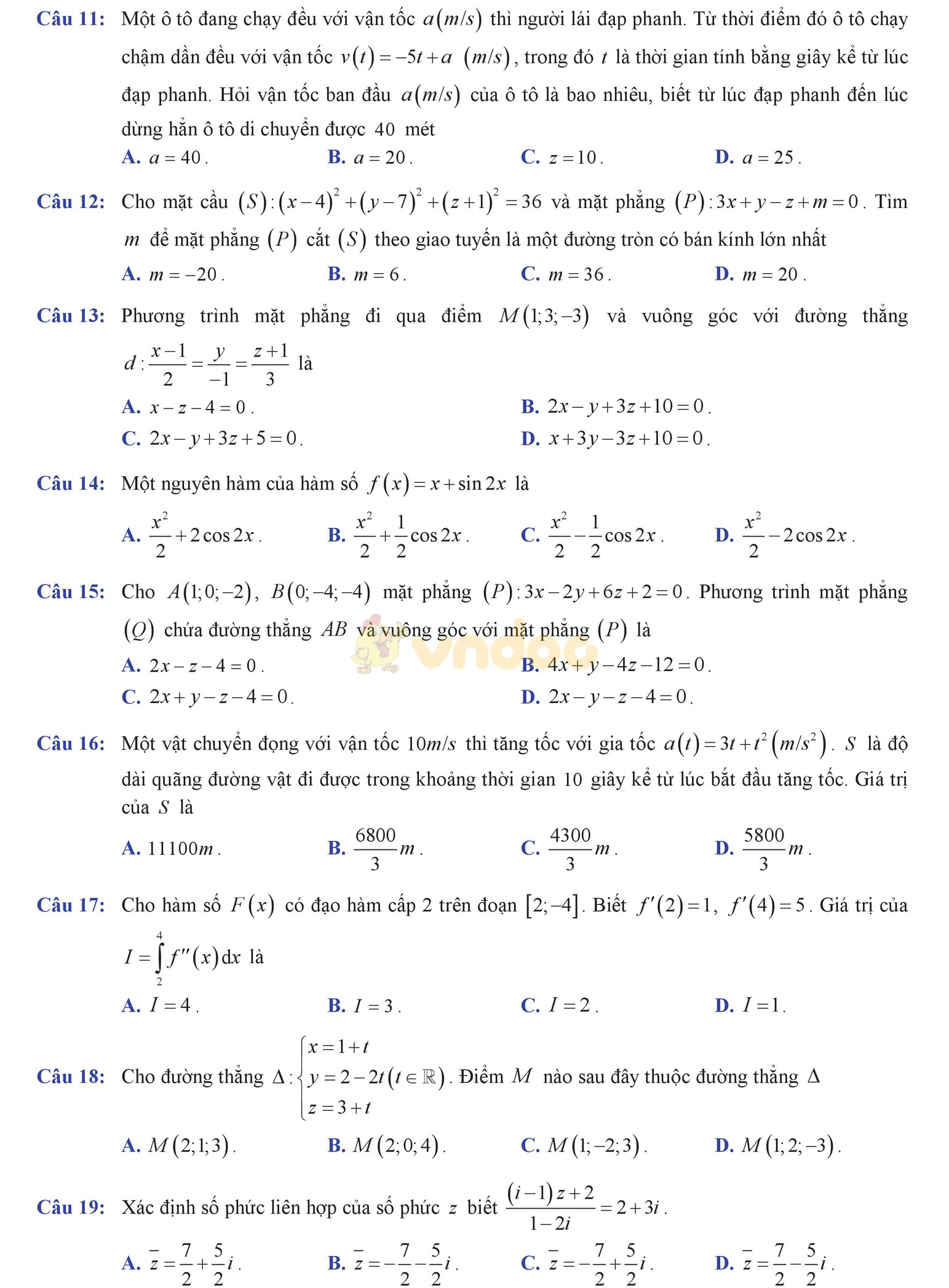 Đề thi học kì 2 môn Toán lớp 12