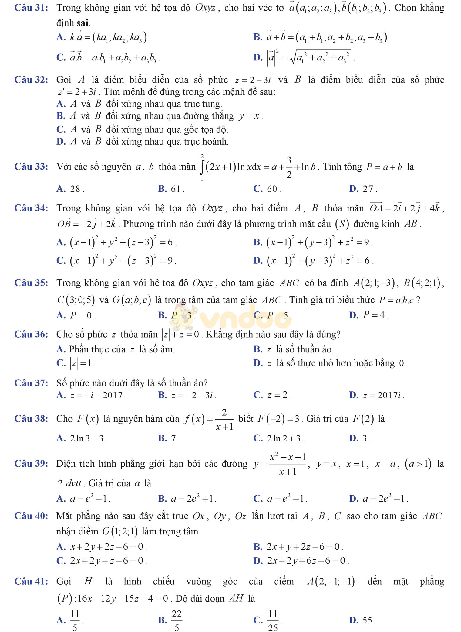 Đề thi học kì 2 môn Toán lớp 12