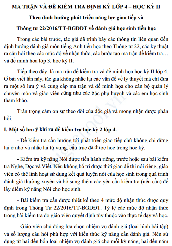 Ma trận và đề thi học kỳ 2 môn Tiếng Anh lớp 4 theo thông tư 22 Ma trận và đề thi học kỳ 2 môn Tiếng Anh lớp 4 theo thông tư 22