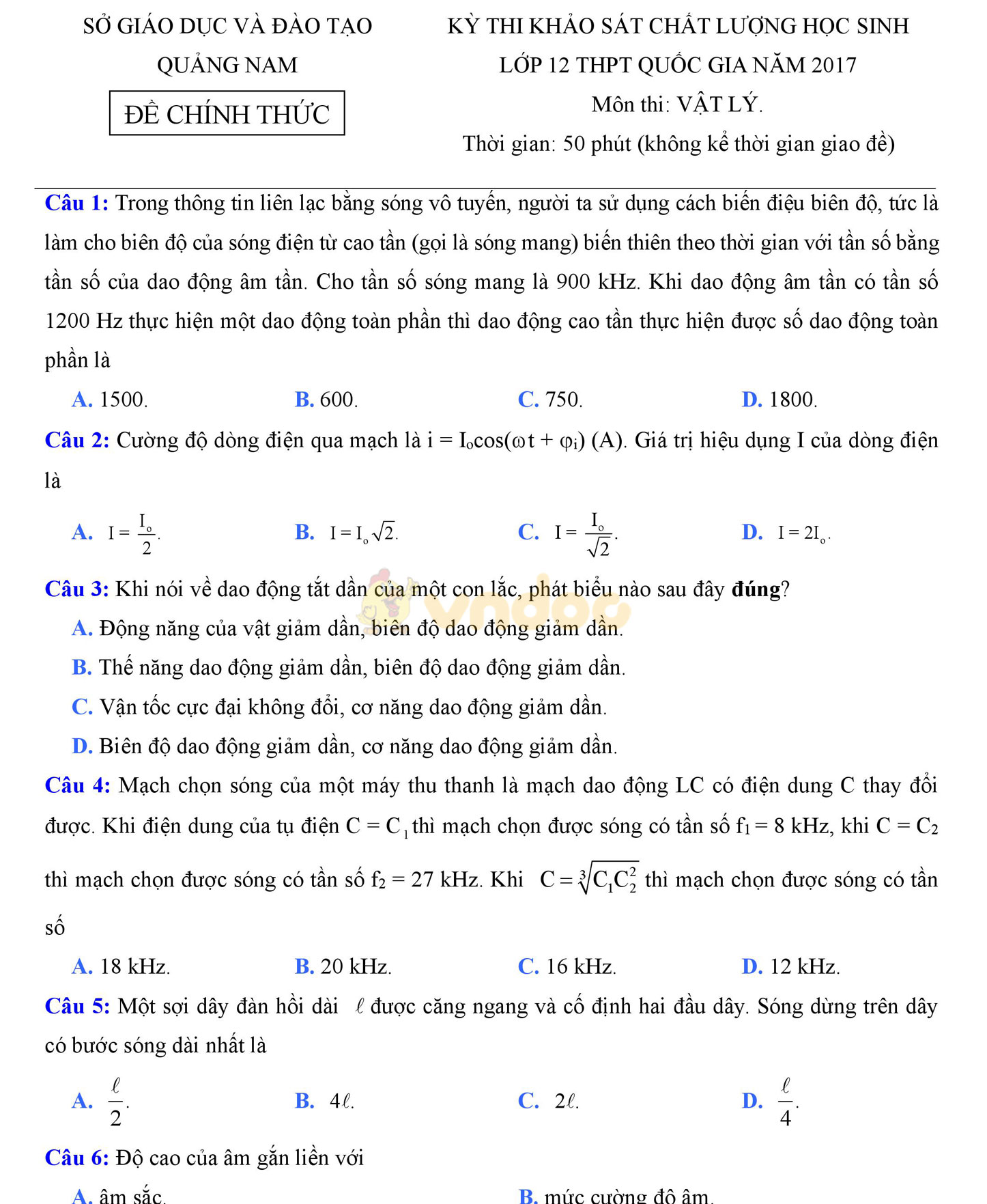 Đề thi thử THPT Quốc gia năm 2017 môn Vật lý