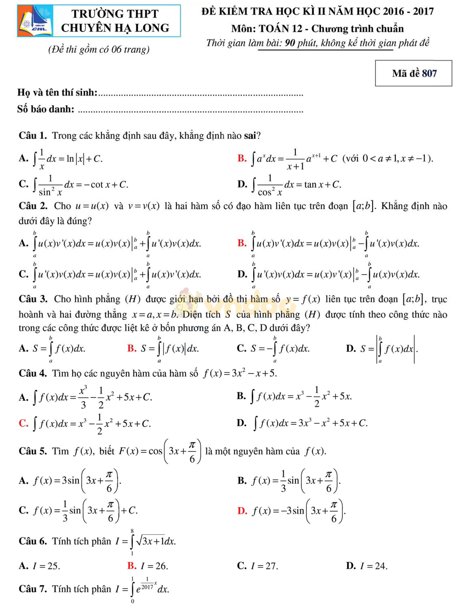 Đề thi học kì 2 môn Toán lớp 12
