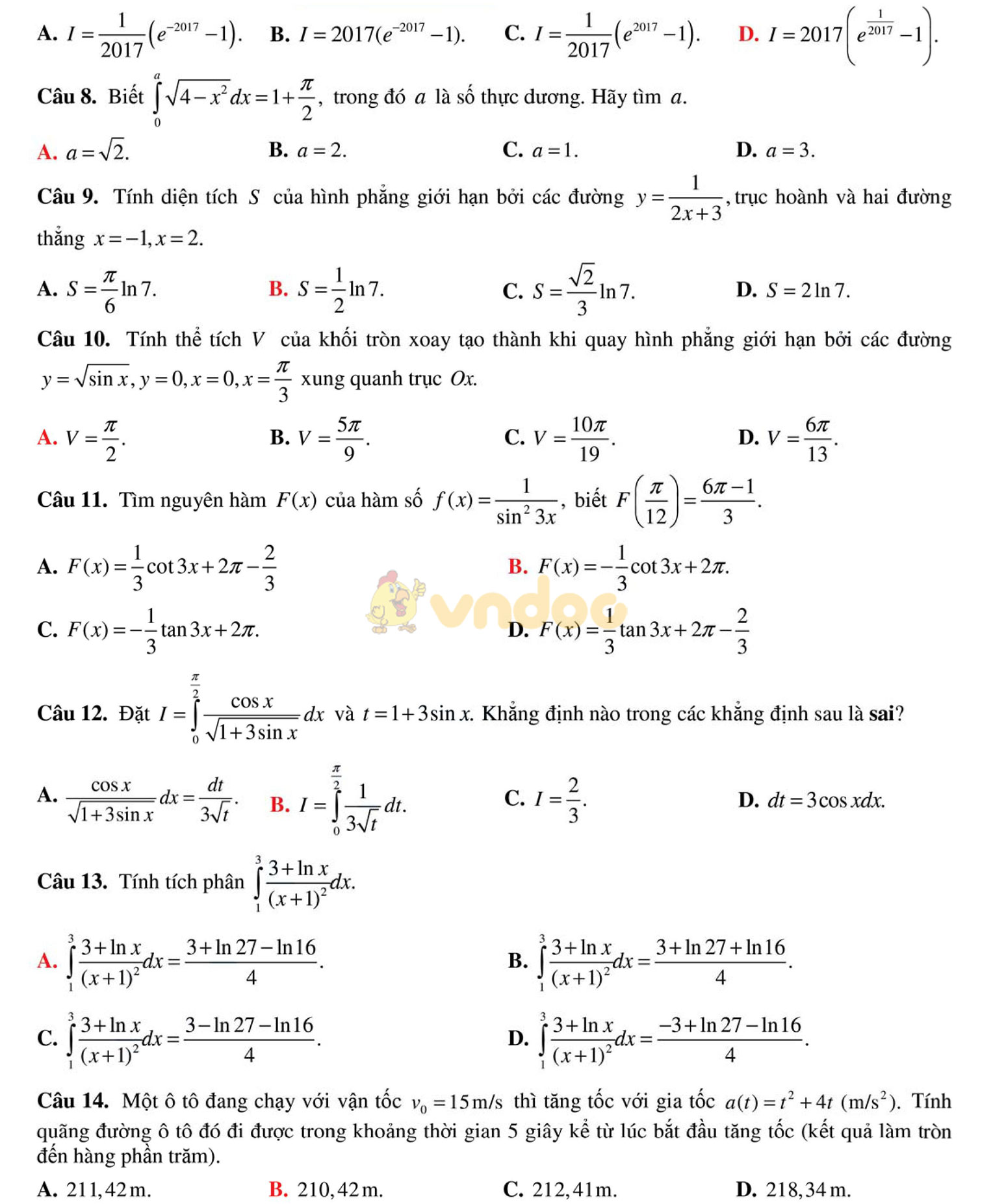 Đề thi học kì 2 môn Toán lớp 12