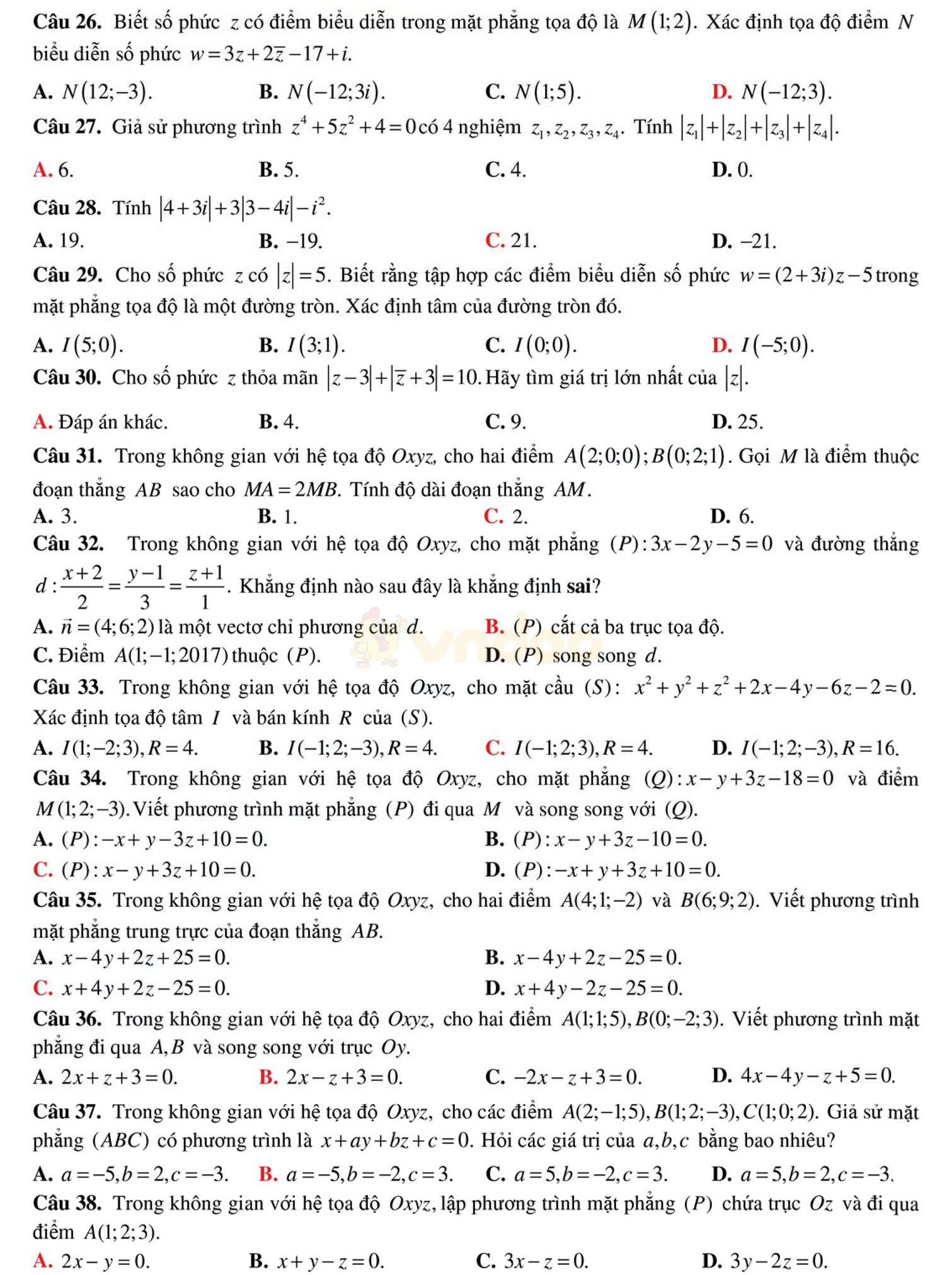 Đề thi học kì 2 môn Toán lớp 12