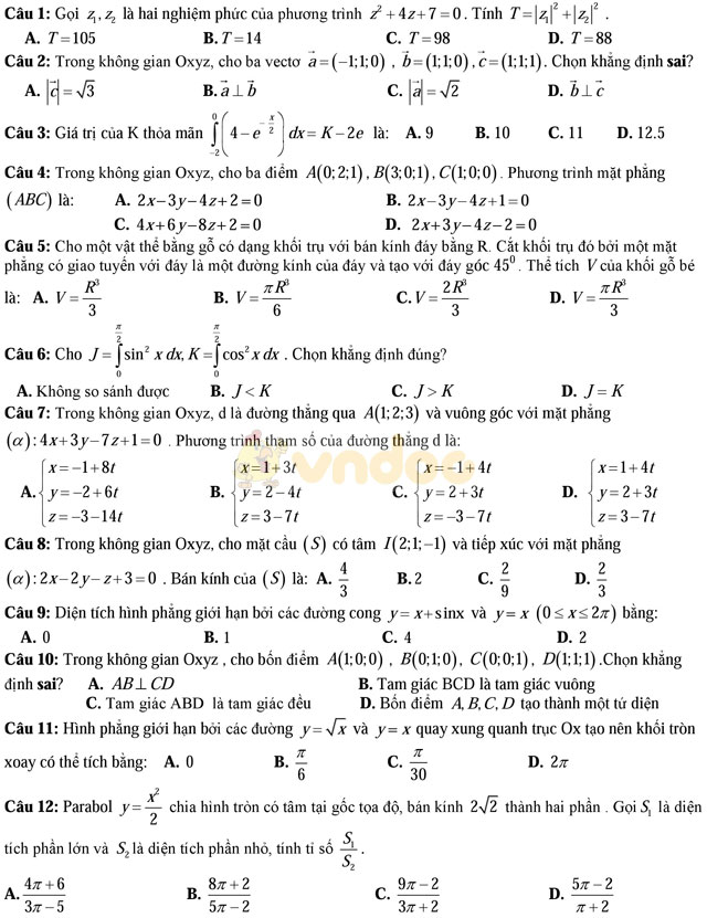 Bộ đề thi học kì 2 môn Toán lớp 12 có đáp án