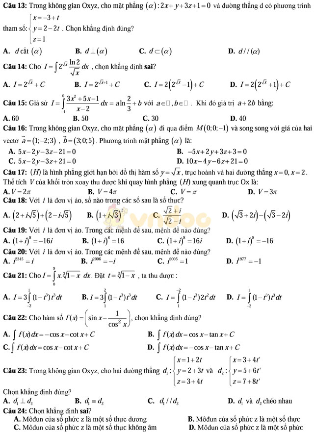 Bộ đề thi học kì 2 môn Toán lớp 12 có đáp án