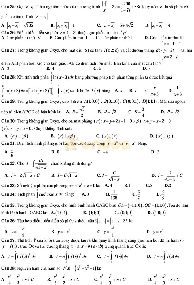 Bộ đề thi học kì 2 môn Toán lớp 12 có đáp án