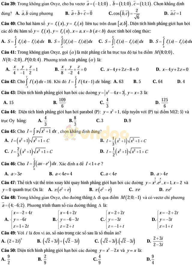 Bộ đề thi học kì 2 môn Toán lớp 12 có đáp án