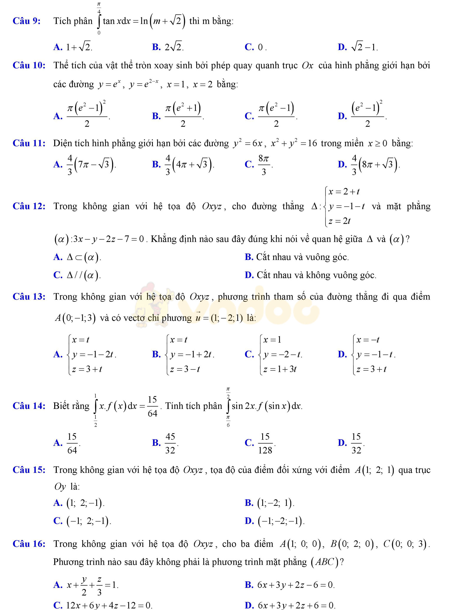 Đề thi học kì 2 môn Toán lớp 12